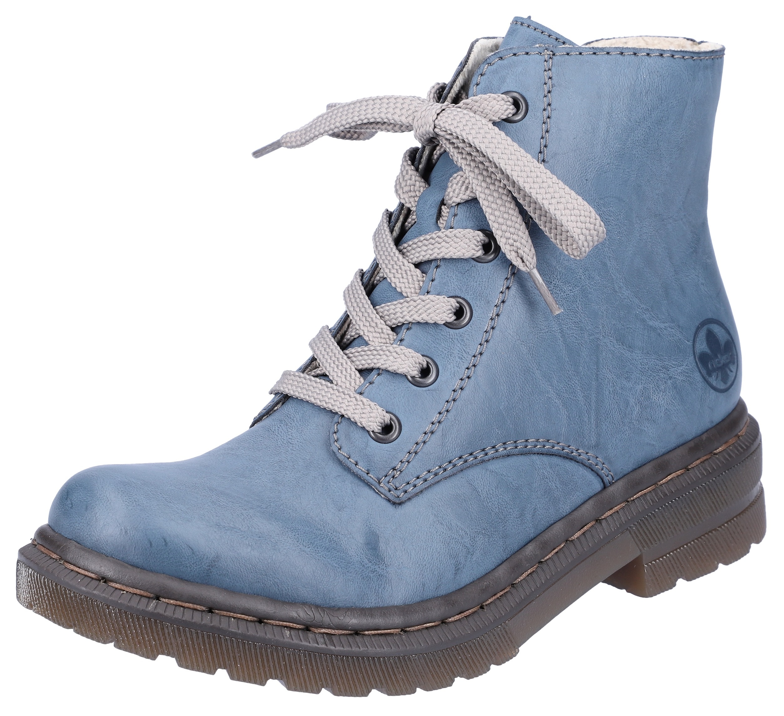 Schnürboots RIEKER, Damen, Gr. 37, blau (royalblau), Lederimitat, unifarben, Schuhe Workerboots Schnürboots, Schnürstiefelette, Blockabsatz, mit Logoprägung