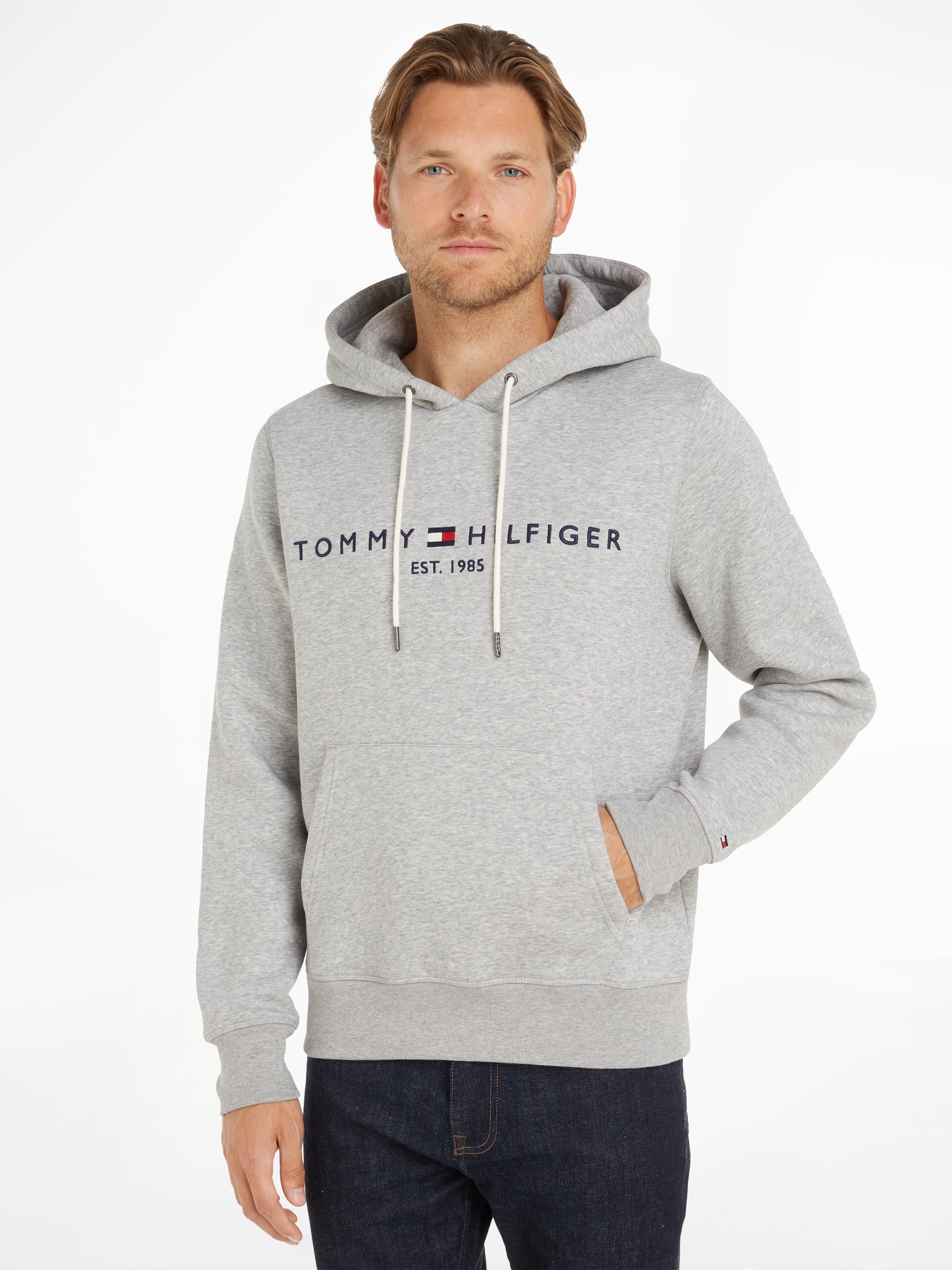 Kapuzensweatshirt TOMMY HILFIGER "TOMMY LOGO HOODY", Herren, Gr. L (50/52), grau (cloud htr), Obermaterial: 72% Baumwolle, 28% Polyester, Basic schmal, Rippbündchen, Sweatshirts Image