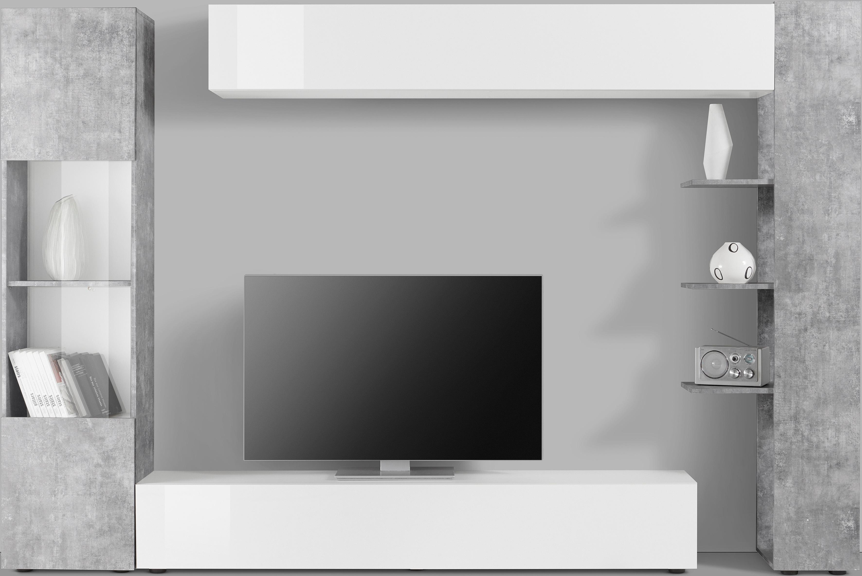 Wohnwand INOSIGN "Sorano", weiß (weiß matt, weiß hochglanz lack, beton, optik), Kastenmöbel-Sets, Kompaktwohnwand mit viel Stauraum