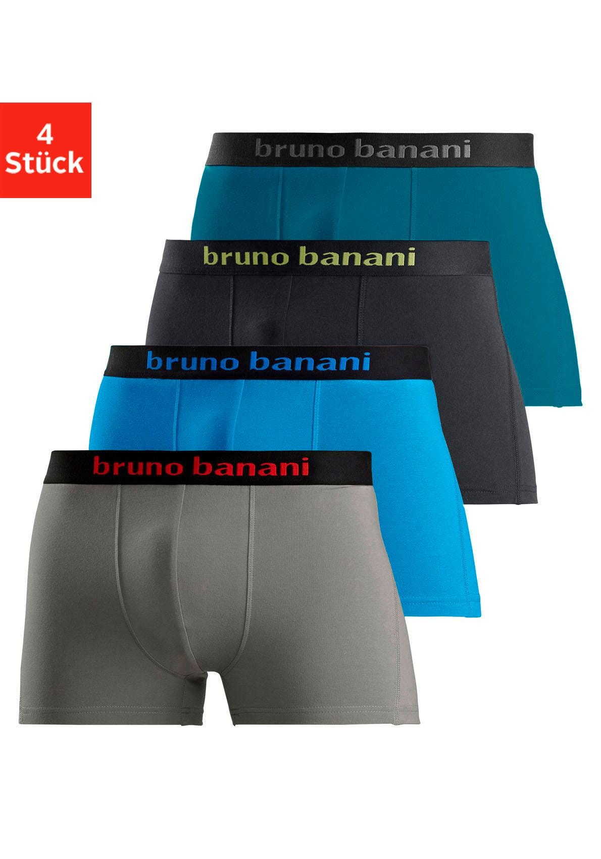 Boxer BRUNO BANANI "Boxershorts für Herren", Herren, Gr. L, 4 Stk., bunt (grau, türkis, schwarz, petrol), Jersey, Obermaterial: 95% Baumwolle, 5% Elasthan, unifarben, Unterhosen, mit farbigen Marken-Schriftzug am Bündchen