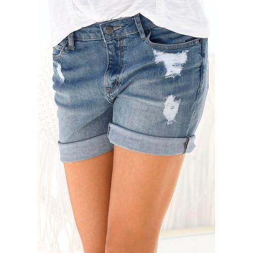 Jeansbermudas BUFFALO Gr. 36, N-Gr, blau (blue washed) Damen Jeans mit Destroyed-Effekten, Shorts zum Krempeln, kurze Hose