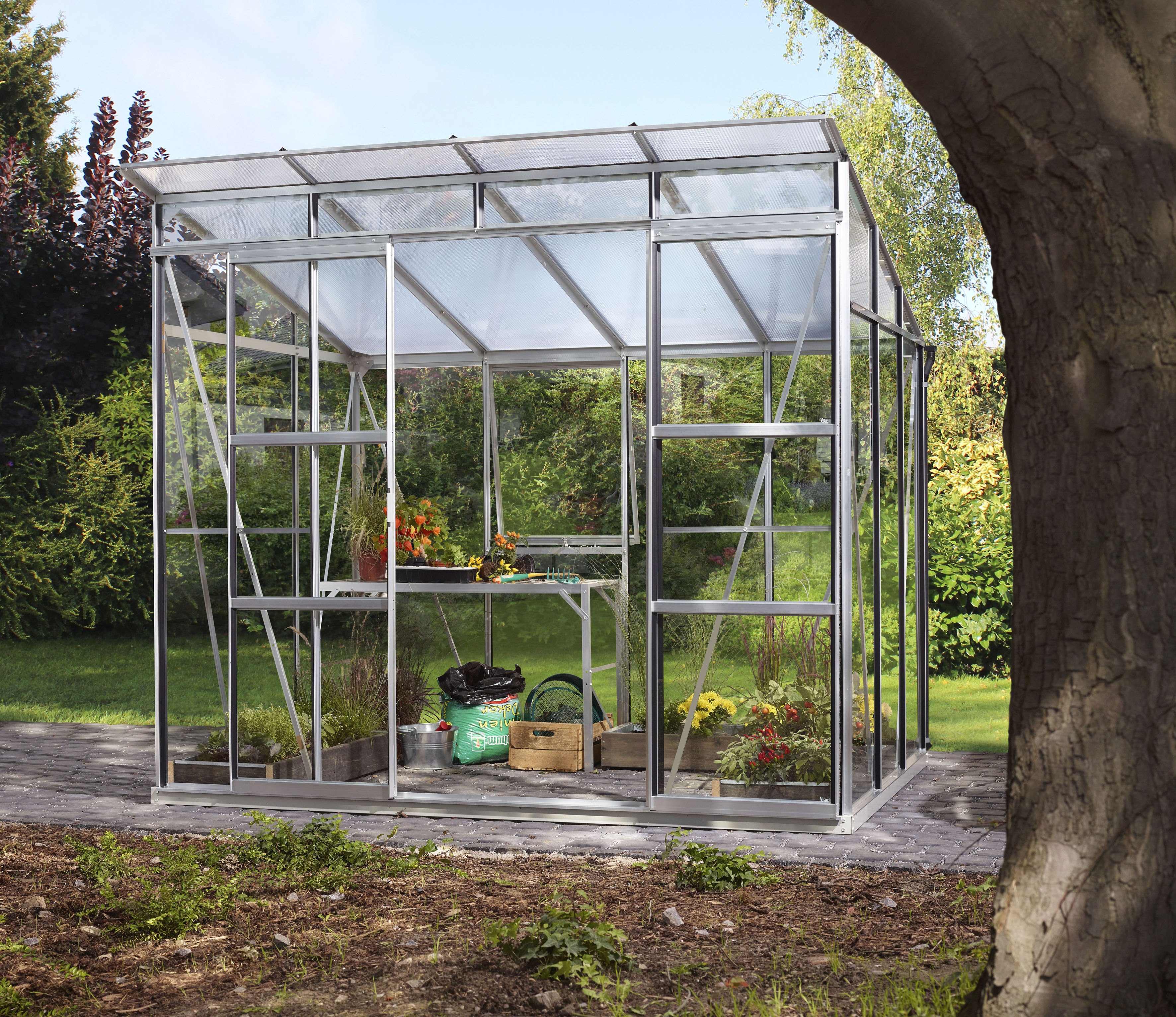 Gewächshaus VITAVIA "Freya 5900", silber (silberfarben), B:258cm H:224,9cm T:229,4cm, Gewächshäuser, Alu-Profilen, Wand 3 mm Sicherheitsglas, Dach 6 mm Hohlkammerplatten