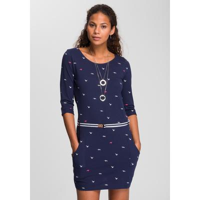 Jerseykleid KANGAROOS, Damen, Gr. 38, N-Gr, blau (marine), Single Jersey, Obermaterial: 100% Baumwolle. Gürtel: 100% Baumwolle, bedruckt, kontrastfarbene Details, casual, figurbetont mini, Rundhals, 3/4-Ärmel Krempelärmel, Kleider, figurbetonte... Image