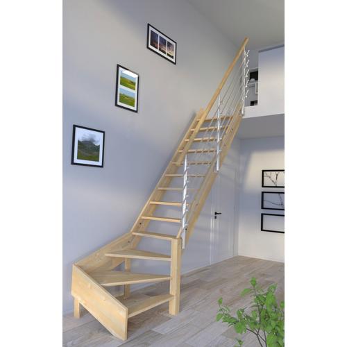 „STARWOOD Raumspartreppe „“Massivholz Korfu, Design-Geländer Edelstahl““ Treppen gewendelt Rechts, Durchgehende Wangenteile Gr. gewendelt, beige (natur) Treppen“