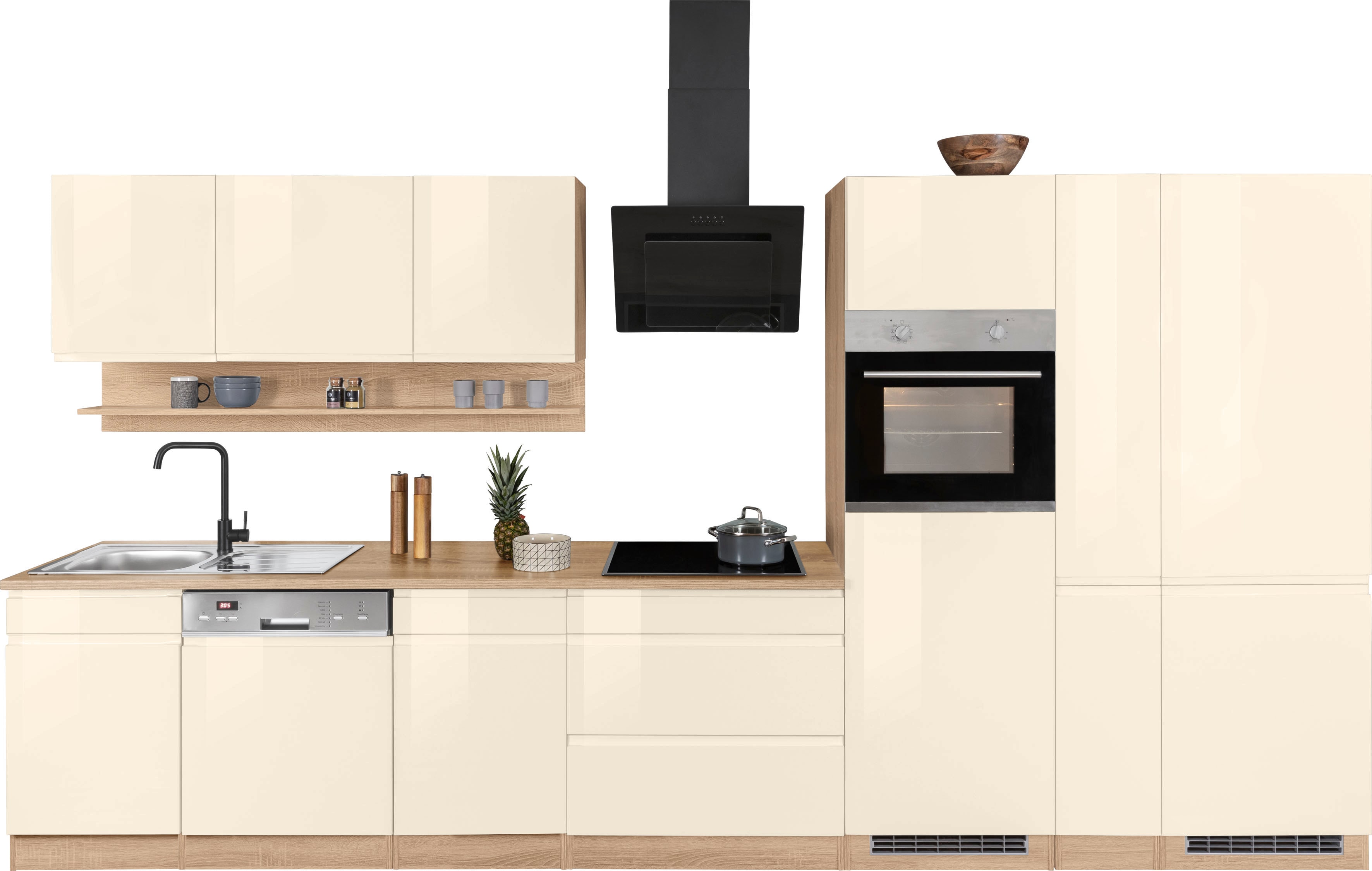 Küchenzeile KOCHSTATION "KS-Virginia", beige (küche: natur, front: creme hochglanz, korpus: eiche sonoma, arbeitsplatte: eiche sonoma), B:390cm T:60cm, Komplettküchen-Sets, Breite 390 cm, ohne E-Geräte Image