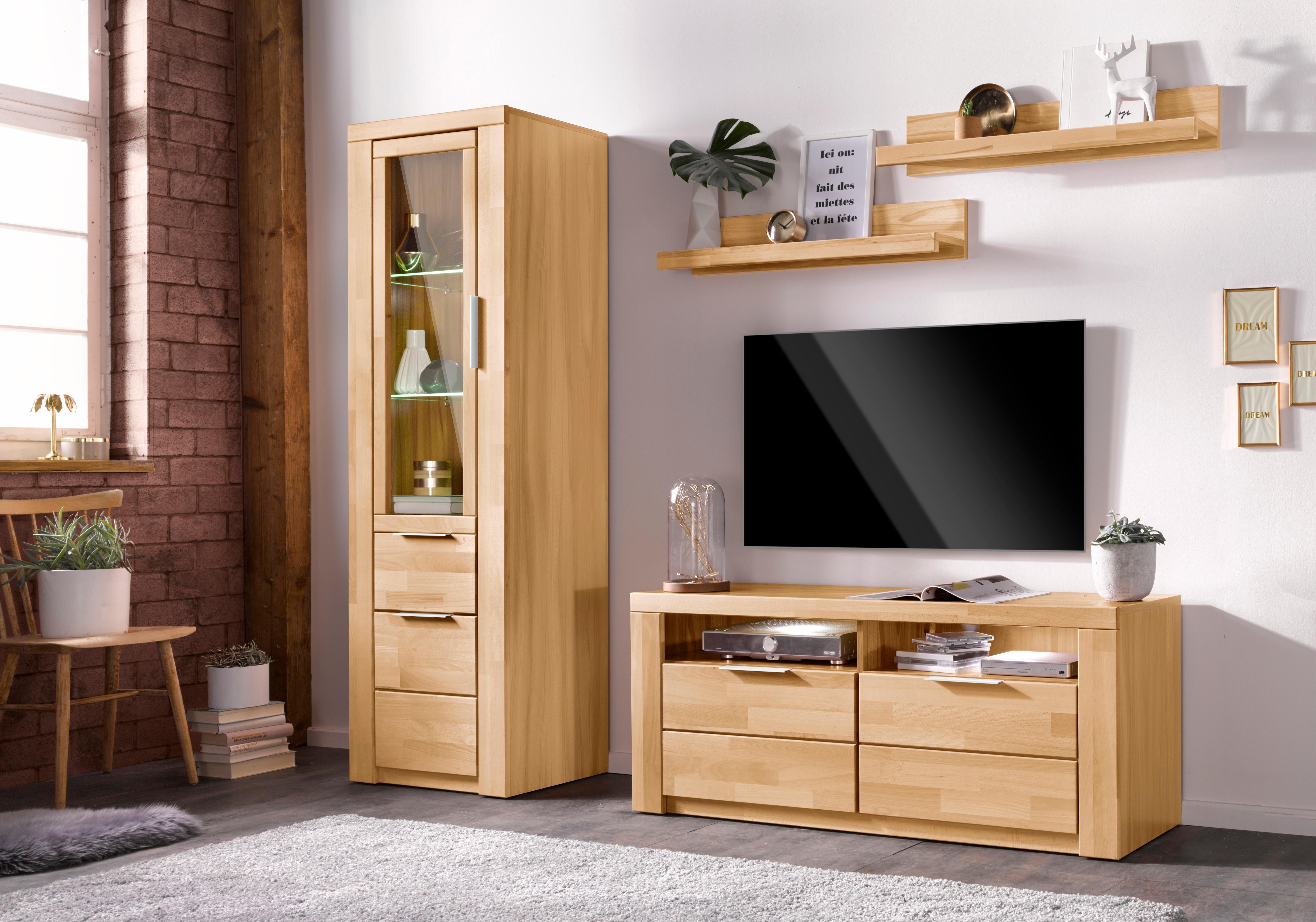 Wohnwand HOME AFFAIRE "Zara", beige (kernbuche teilmassiv), Holzwerkstoff Kernbuchefarben (Korpus)/ Massivholz Kernbuche (Front), Kastenmöbel-Sets, teilmassives Holz