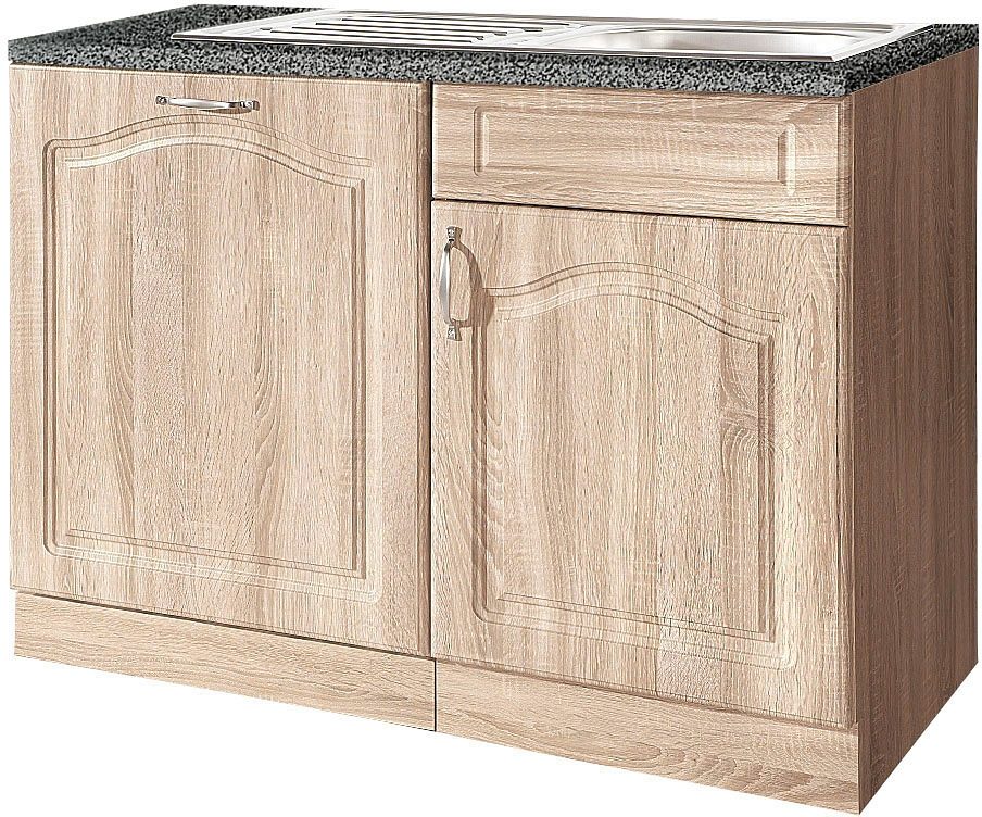 Spülenschrank WIHO KÜCHEN "Linz", braun (front: landhaus eiche, korpus: sonoma eiche, arbeitsplatte: granit grau), B:110cm H:85cm T:60cm, Schränke, Spülenschrank, 110 cm breit, inkl. Tür/Sockel für Geschirrspüler, in Landhaus-Optik