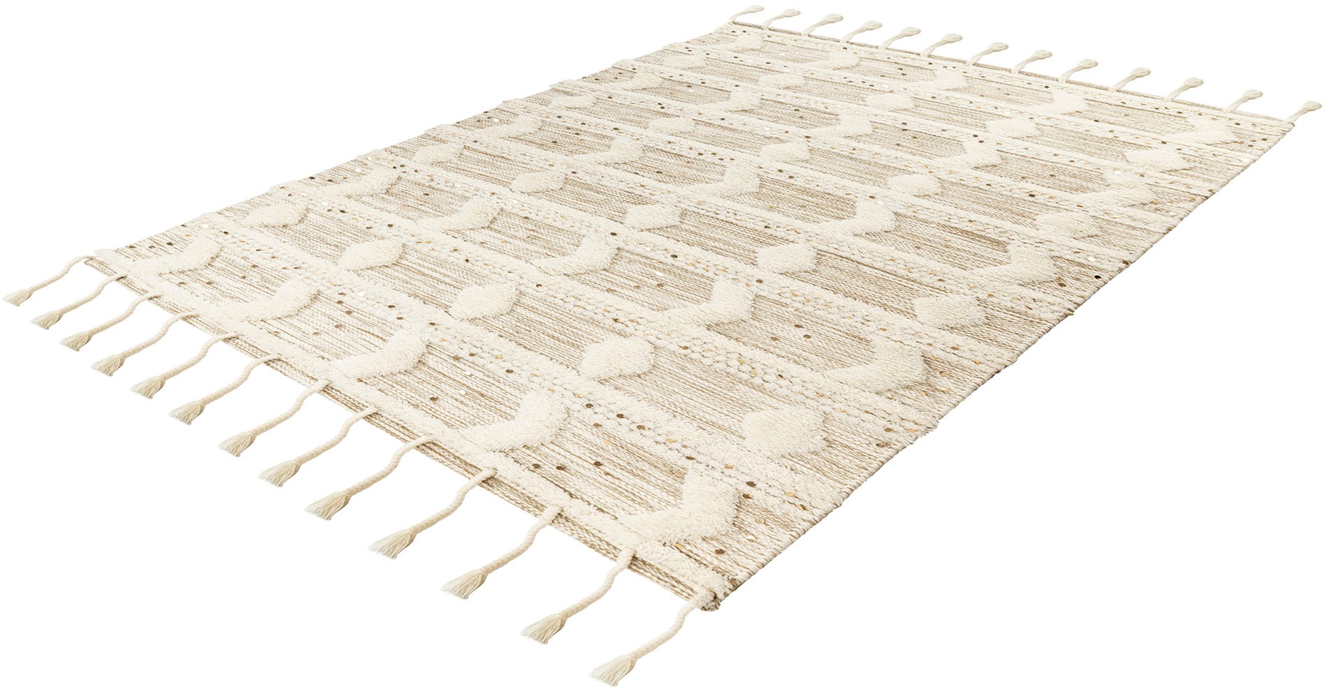 Wollteppich ME GUSTA "Bohist 425", beige (creme, khaki), B:160cm H:18mm L:230cm, Wolle, Teppiche, Wohnzimmer, Hoch-Tief-Struktur, Boho, Ethno Image