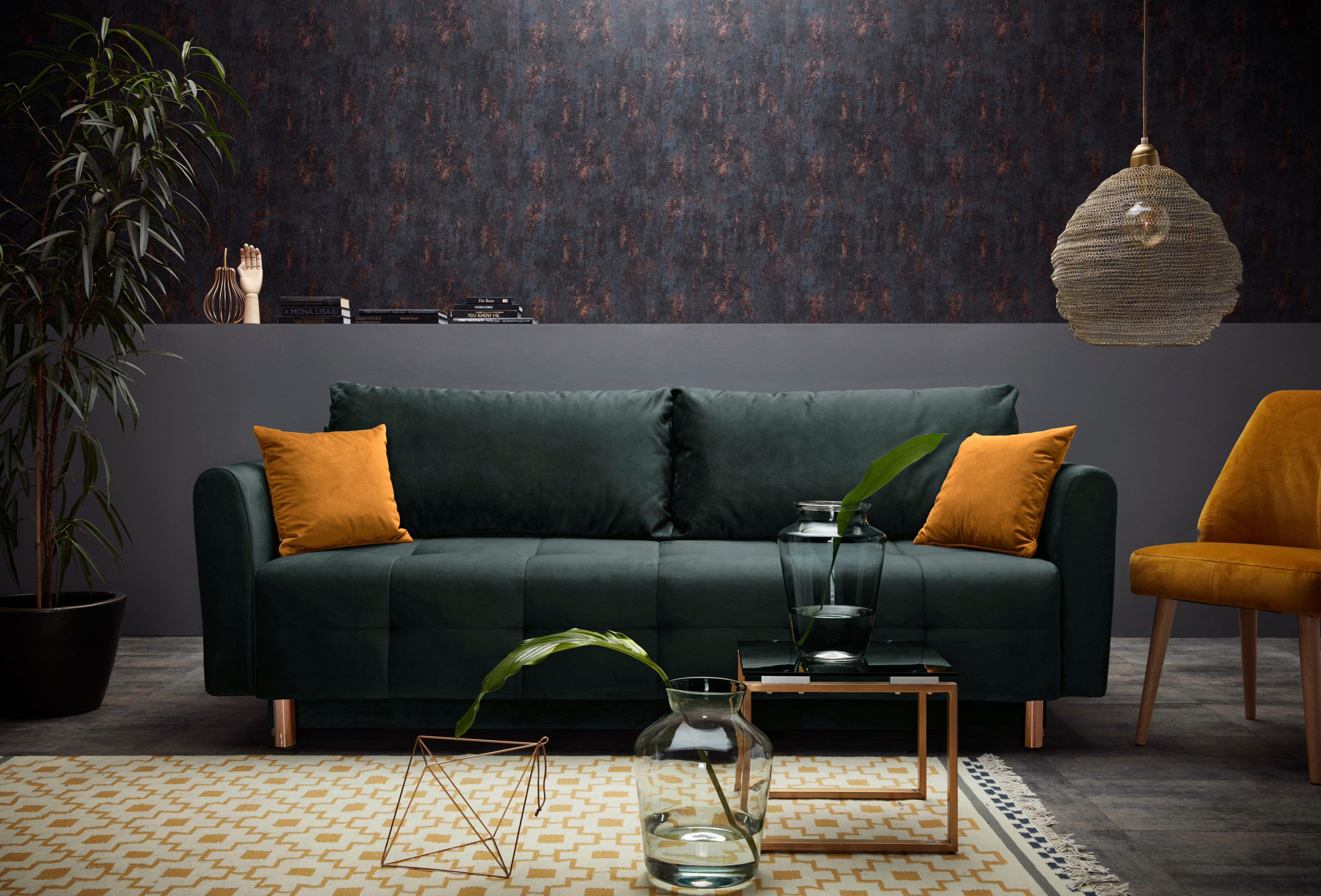 Schlafsofa HOME AFFAIRE "Nordic", grün, B:219cm H:93cm T:88cm, Microfaser PRIMABELLE (100% Polyester);Samtoptik (100% Polyester);Zierkissen: 100%Polyester, Sofas, Schlafsofa, mit Federkern und Metallbeinen, Steppung im Sitzbereich