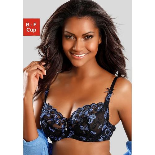 Bügel-BH LASCANA Gr. 80, Cup C, blau (blau, schwarz) Damen BHs BH Bügel-BH Dirndl-BH Hochzeitsdessous Hochzeitswäsche Spitzen-BH Spitzenwäsche Trachtenwäsche mit transparenter Stickerei-Spitze, Dessous