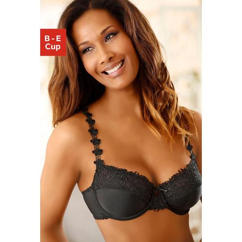 Bügel-BH NUANCE Gr. 85, Cup B, schwarz Damen BHs BH Bügel-BH Dirndl-BH Hochzeitsdessous Hochzeitswäsche Spitzen-BH Spitzenwäsche Balconette-BH Trachtenwäsche mit schöner Stickereispitze am Obercup und den Trägern, Dessous