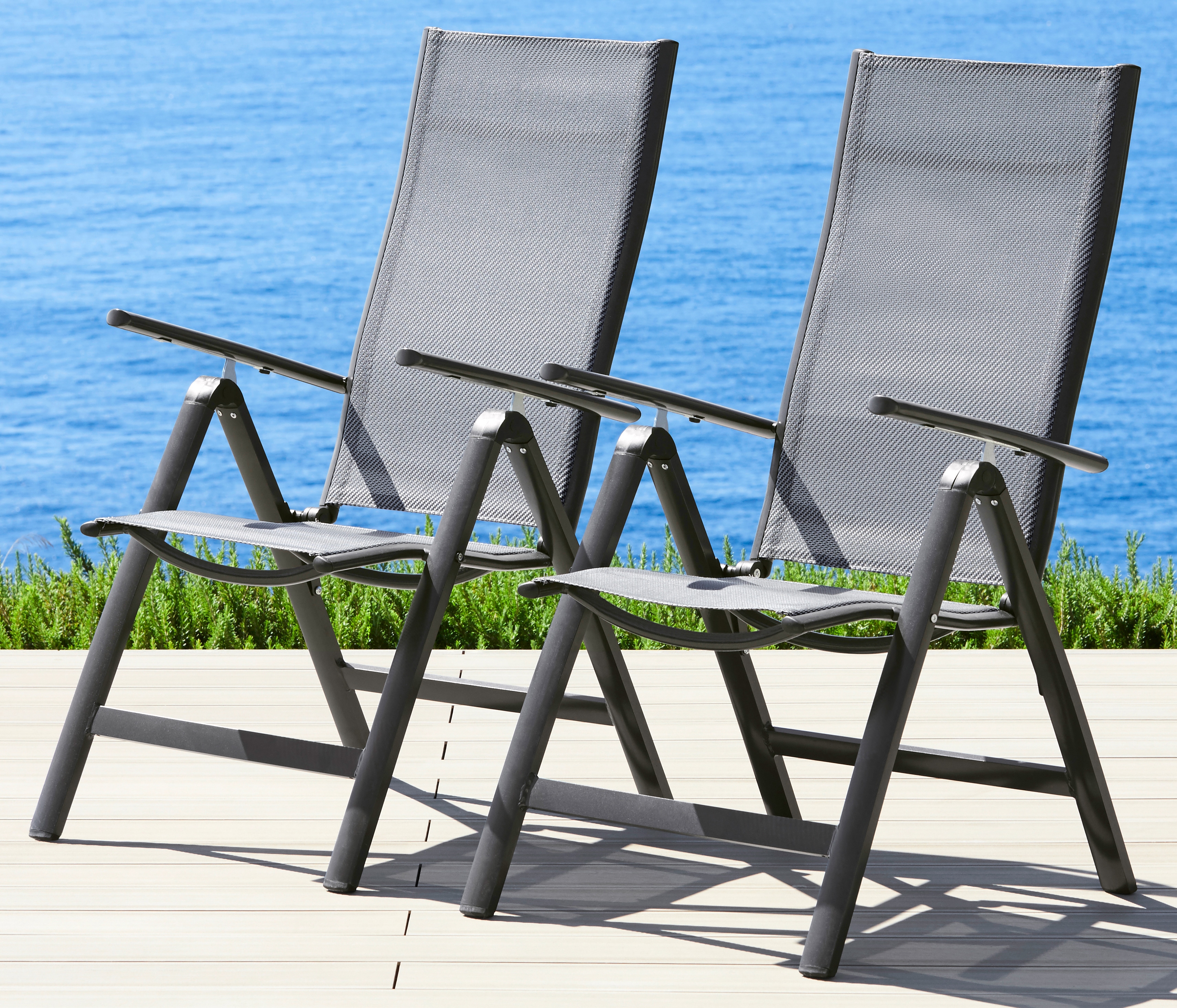 Gartenstuhl MERXX "Amalfi, TOPSELLER", schwarz (anthrazit, braun), B:60cm H:108cm T:70cm, Obermaterial: 100% Polyester. Füllung: 100% Polyester, Stühle, Gartenstuhl, 2er Set, Alu/beschichtetes Textil, verstellbar