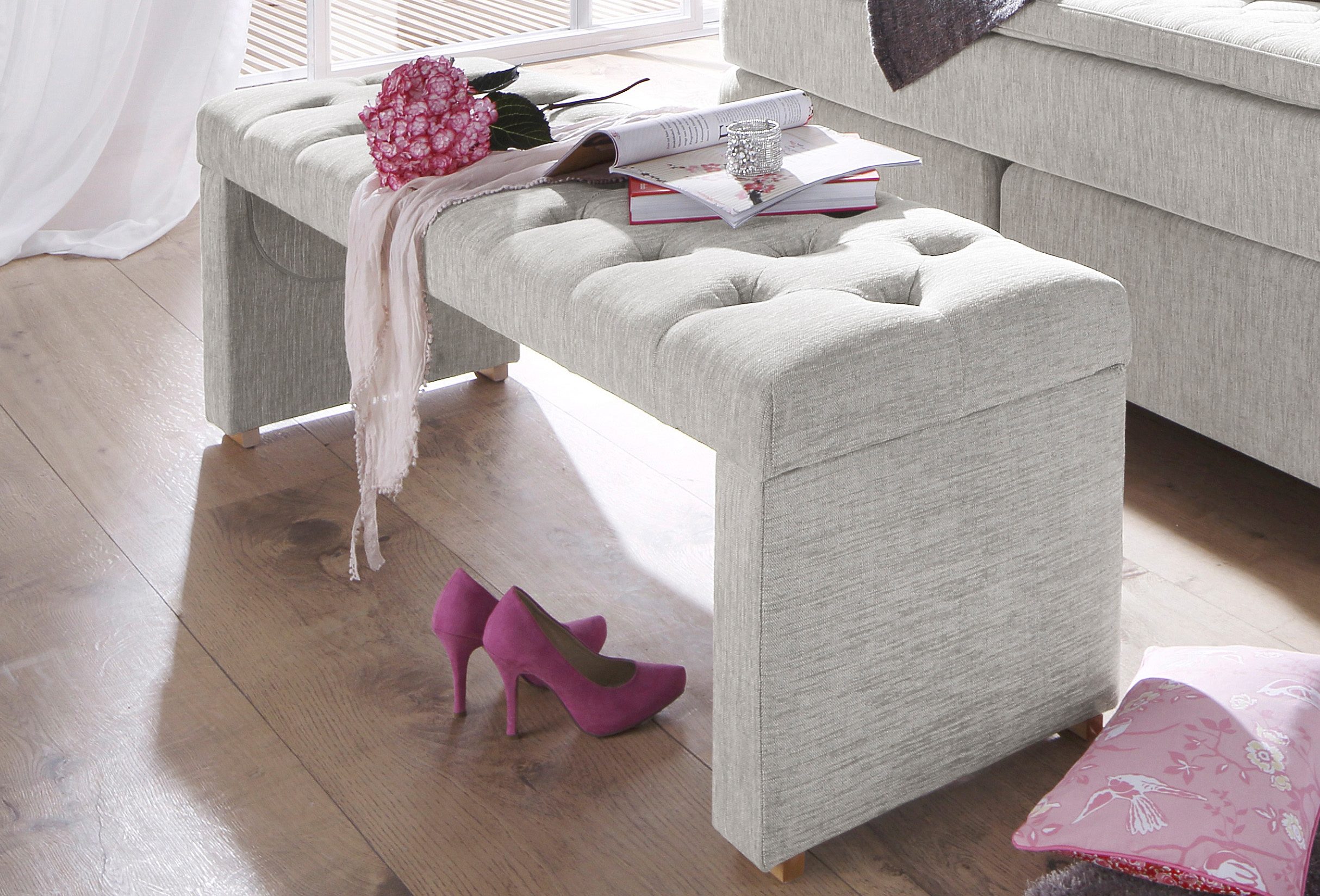 Sitzbank HOME AFFAIRE "Claire", grau (hellgrau, naturfarben, naturfarben), B:162cm H:51cm T:46cm, Sitzbänke, Polsterbank Sitzbank Image