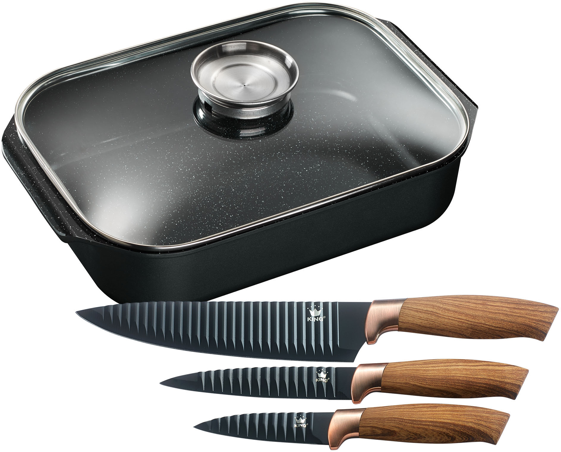 Bräter KING, braun (holzfarben), B:26cm H:8,5cm L:40cm, Töpfe, Bräter 6 L+Glasdeckel,Keramikbeschichtung»Fusion«,Aromaknopf,Messer Image