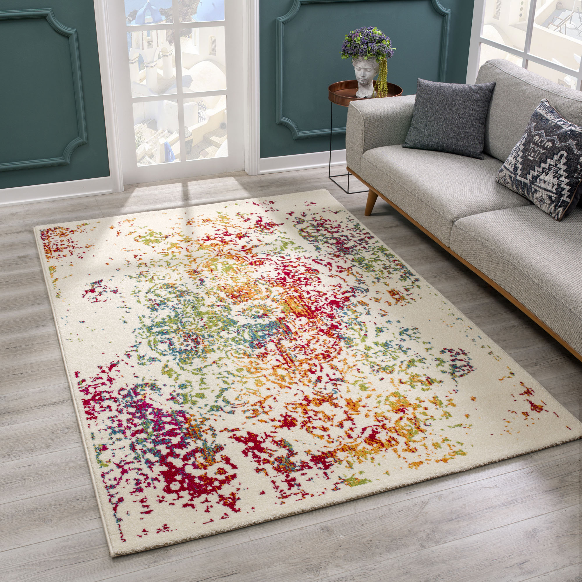 Teppich SANAT "Vintage 1607" Gr. 6, bunt (weiß, bunt), B:200cm H:13mm L:290cm, Kunstfaser, Teppiche, Wohnzimmer, Kurzflor, Vintage Look, Retro Image