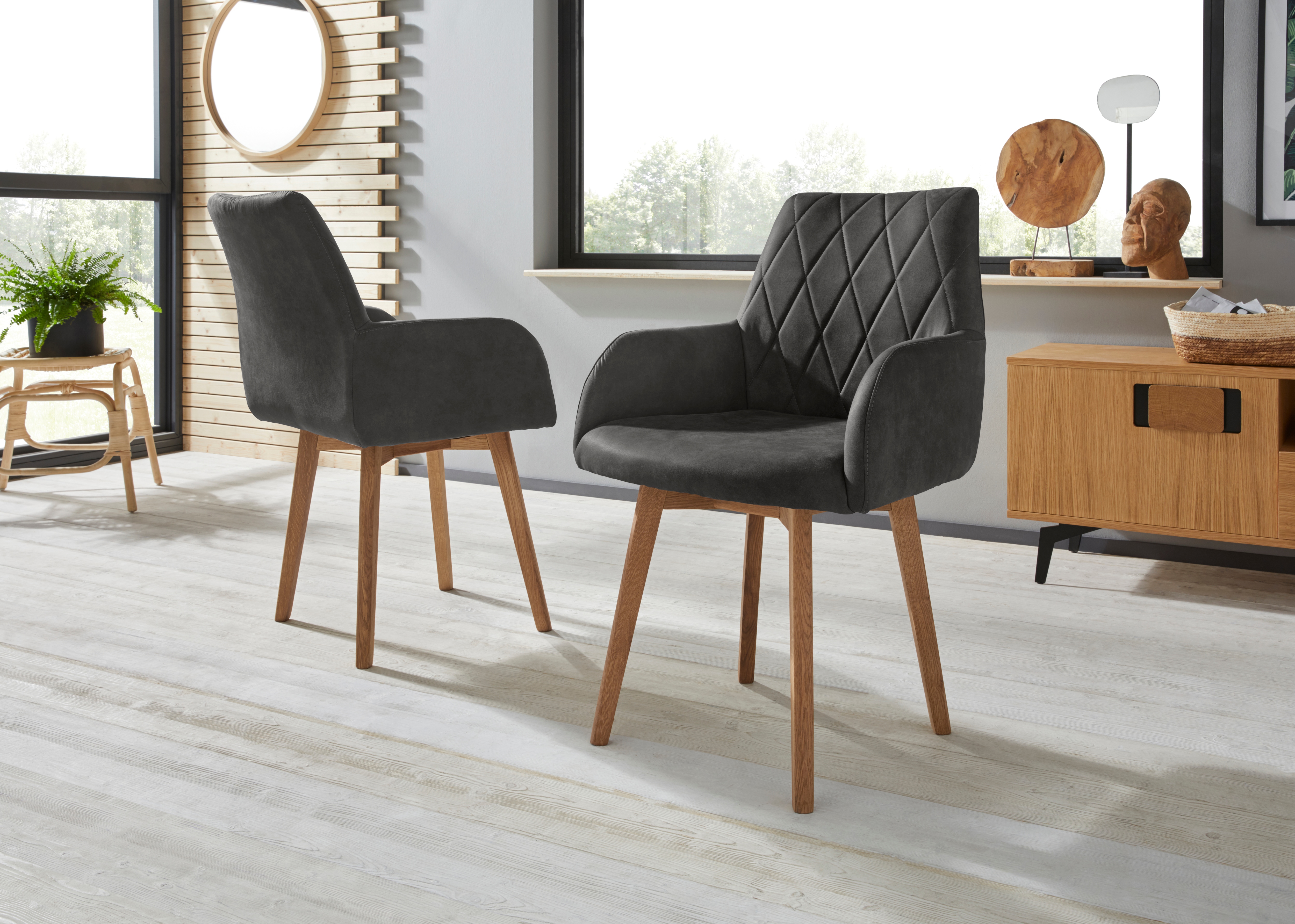 Esszimmerstuhl HOME AFFAIRE "Brest", grau (anthrazit, eiche natur geölt), B:59,5cm H:88cm T:66cm, Polyester, Stühle, Esszimmerstuhl, Armlehnstuhl in Leder oder Microfaser, Gestell Eiche Massiv geölt