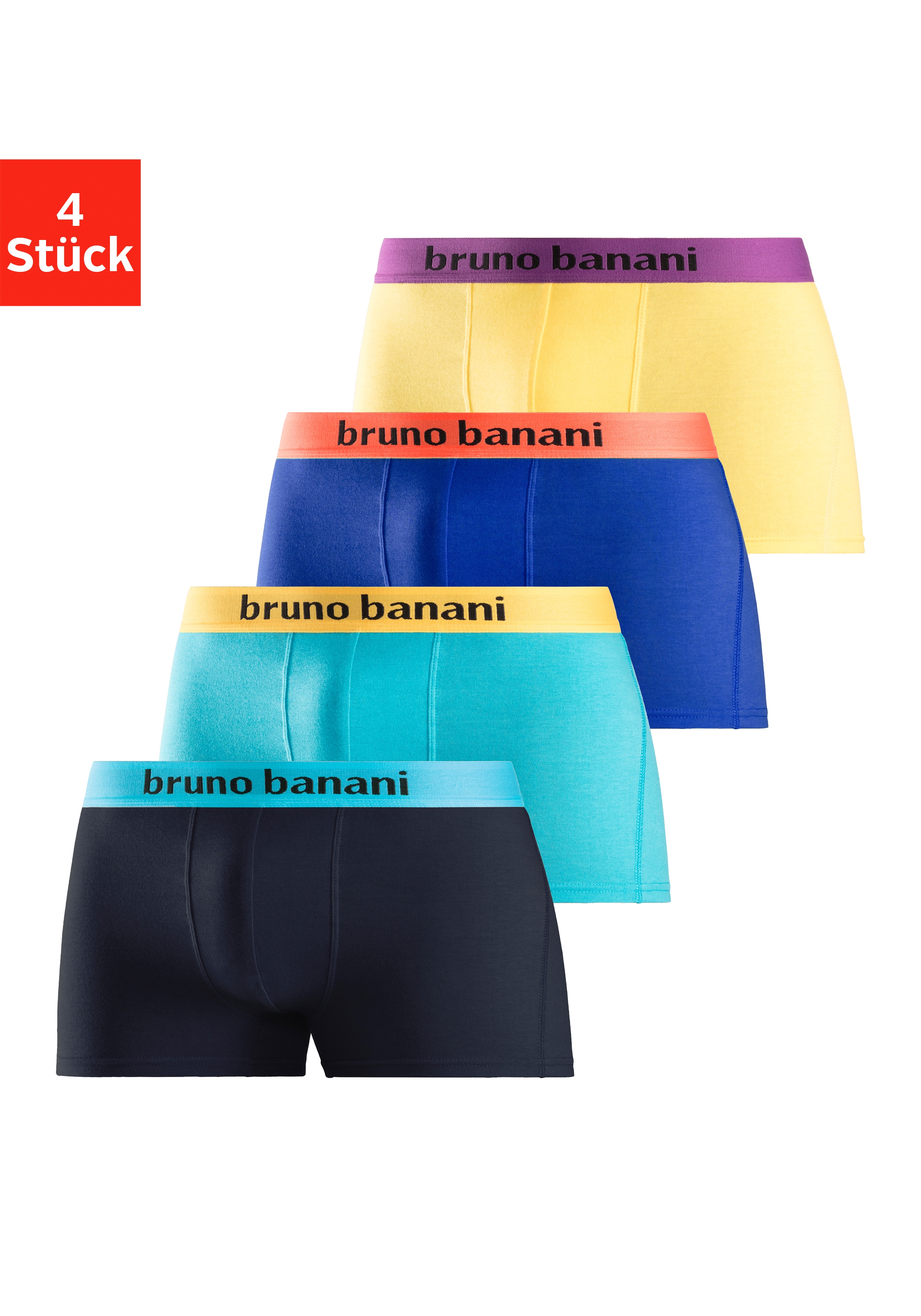 Boxer BRUNO BANANI "Boxershorts für Herren", Herren, Gr. XXL, 4 Stk., bunt (gelb, türkis, royalblau, navy), Jersey, Obermaterial: 95% Baumwolle, 5% Elasthan, unifarben, Unterhosen, mit farbigen Marken-Schriftzug am Bündchen