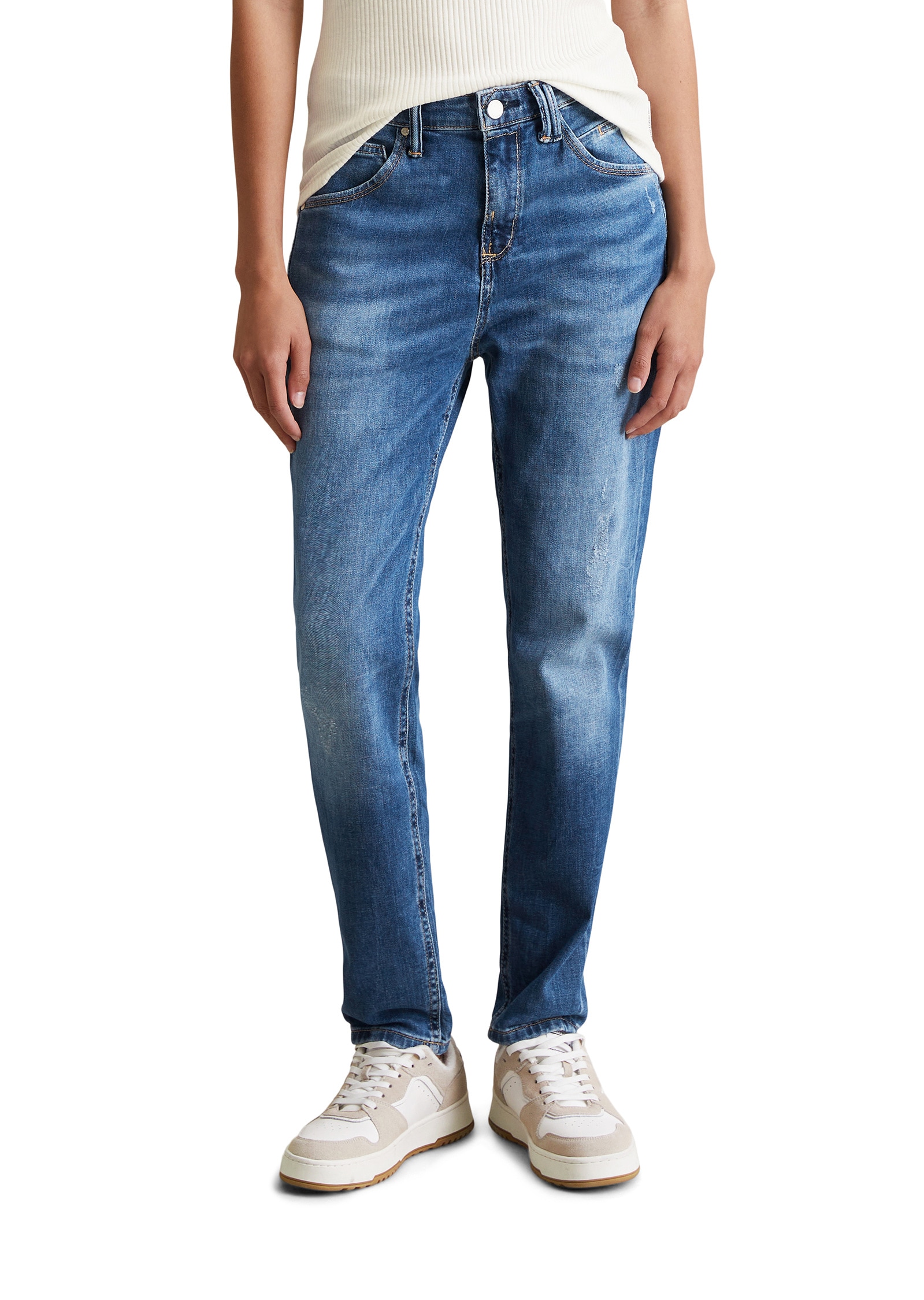 Boyfriend-Jeans MARC O'POLO DENIM "aus Organic Cotton-Mix", Damen, Gr. 34, Länge 34, medium blau, Obermaterial: 98% Baumwolle, 2% Elasthan, unifarben, lässig geschnitten normal, Jeans Image