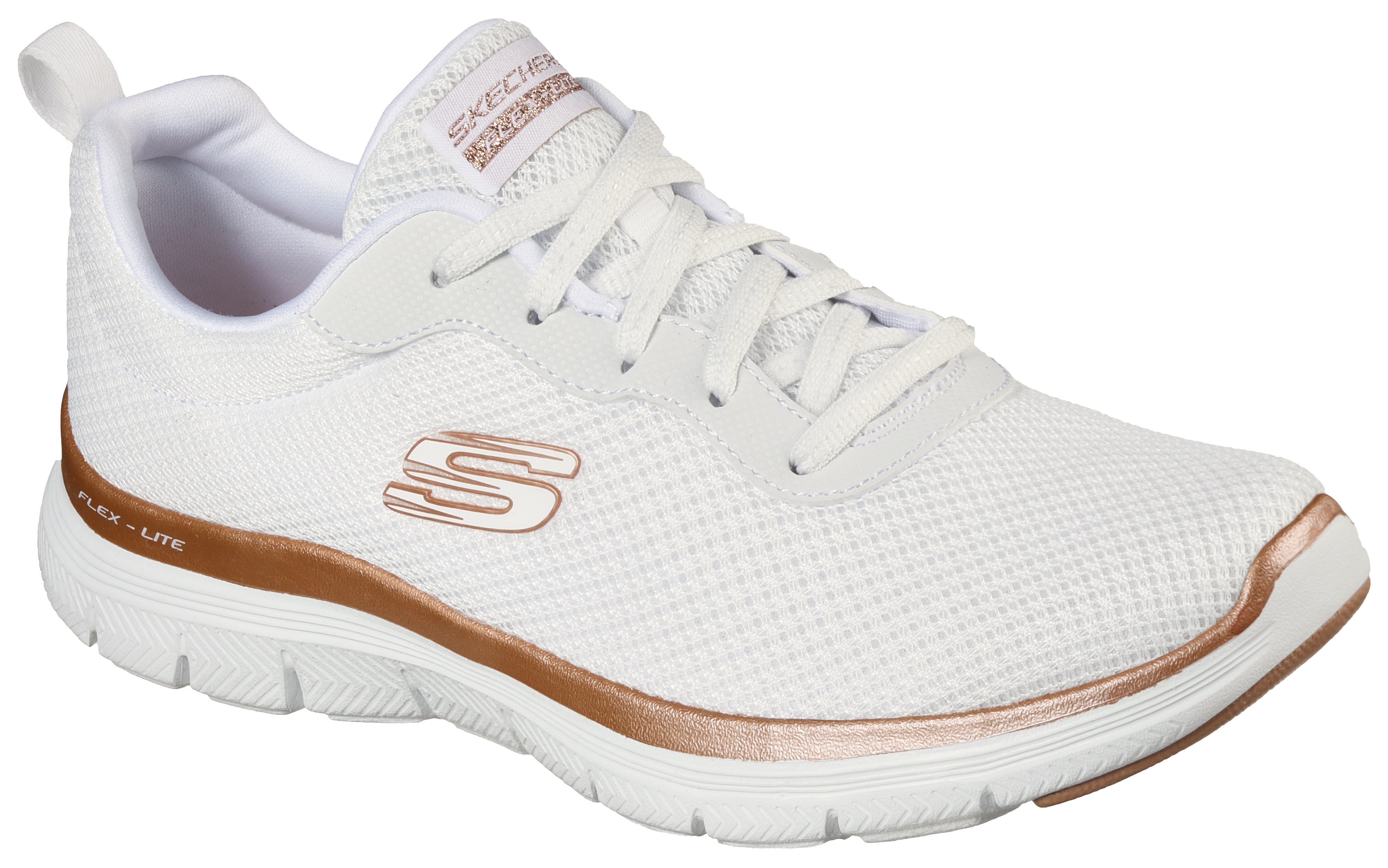Sneaker SKECHERS "FLEX APPEAL 4.0 BRILLINAT VIEW", Damen, Gr. 35, rosa (weiß, roségoldfarben), Lederimitat, Textil, Schuhe Sneaker, Freizeitschuh, Halbschuh, Schnürschuh mit Air Cooled Memory Foam