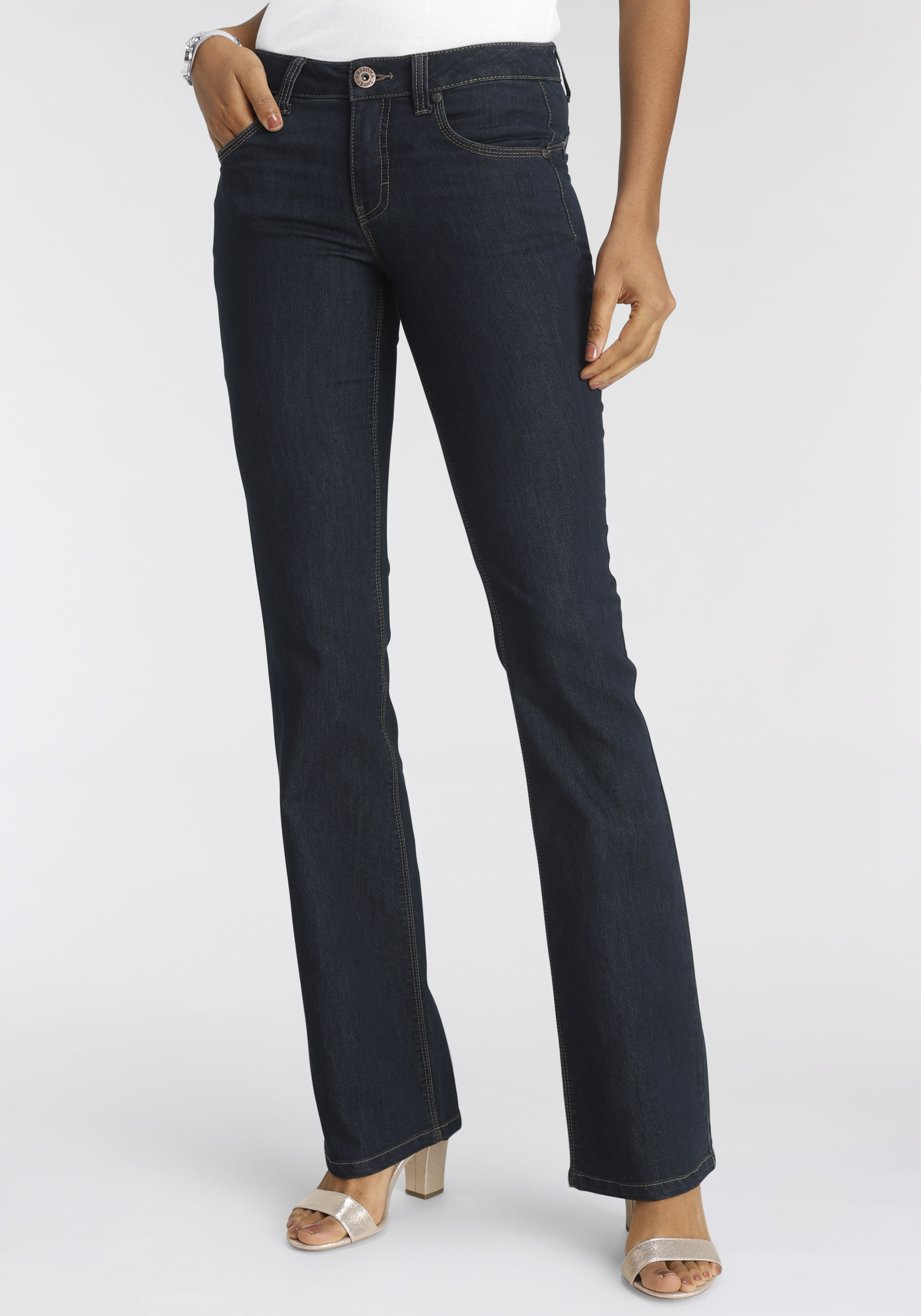 Bootcut-Jeans ARIZONA "Shaping", Damen, Gr. 18, K + L Gr, blau (rinsed), Denim/Jeans, Obermaterial: 79% Baumwolle, 19% Polyester, 2% Elasthan, Basic, schmal lang, Jeans, bootcut, Kontrastnähte, Used-Look-Waschung, niedrige Leibhöhe, Topseller