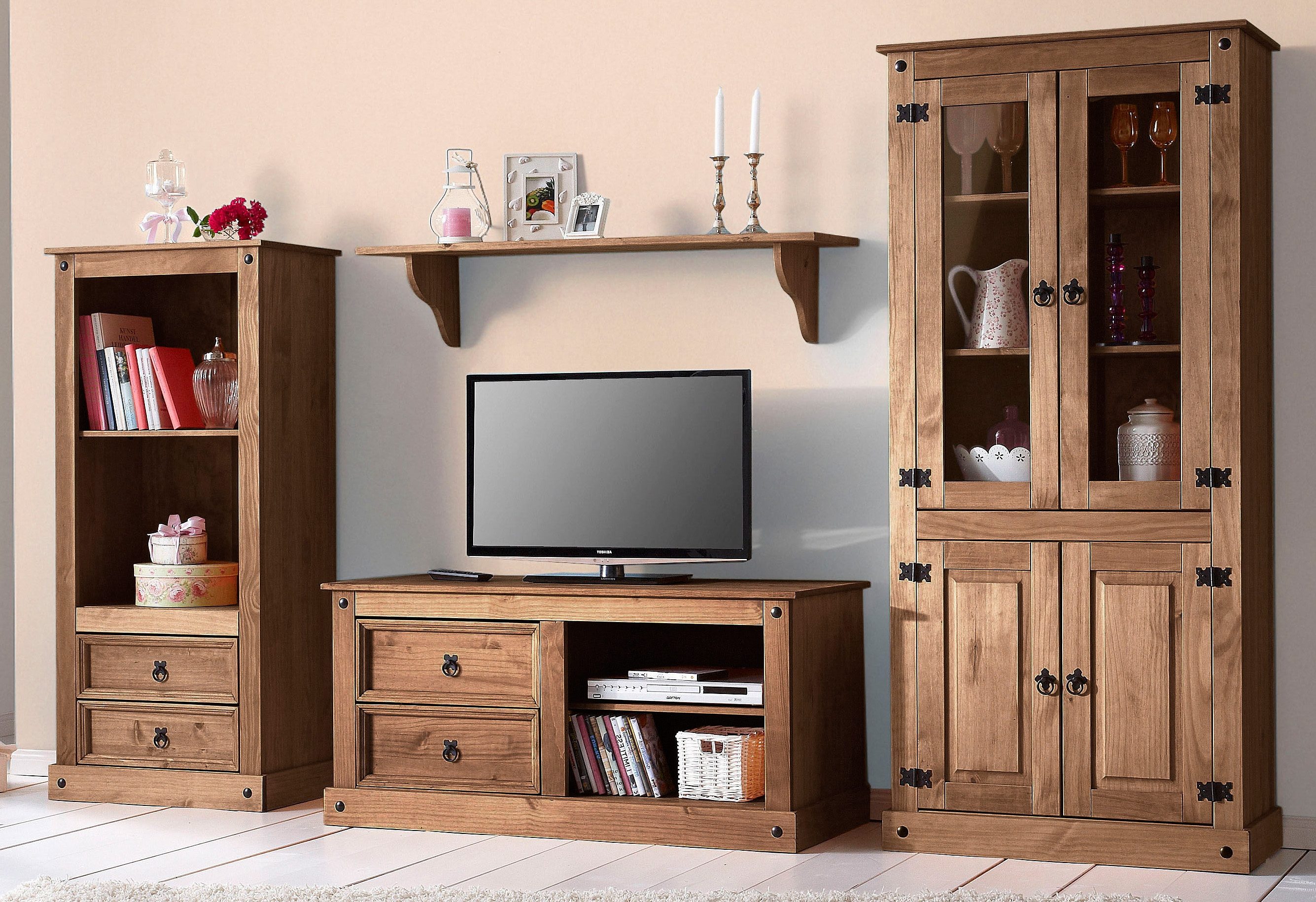 Wohnwand OTTO HOME, braun (dunkel gewachst), B:266cm, Kastenmöbel-Sets, Wohnwand, bestehend aus 1 Vitrine, 1 Lowboard und 1 Regal, ohne Wandboard