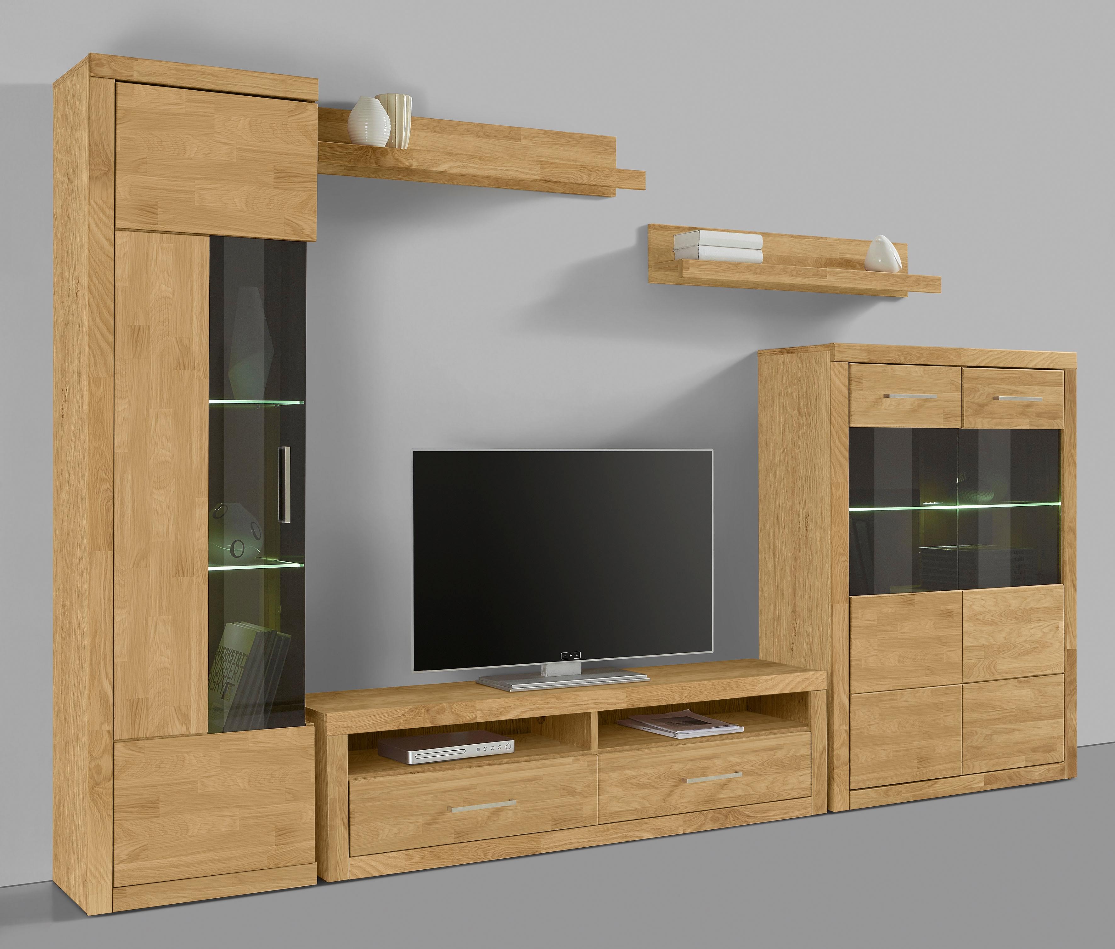 Wohnwand HOME AFFAIRE "Ribe Wohnwand Set-5 St.", braun (eiche teilmassiv), Holz teilmassiv, Kastenmöbel-Sets, Holz Wohnwände Wohnwand, Glaseinsatz aus gehärtetem Glas,Böden teilweise versetzbar