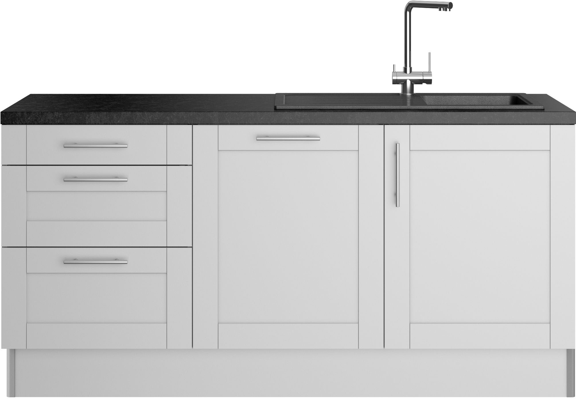 Küche KOCHSTATION "KS-Ahus", schwarz (küche: grau, front: hellgrau matt, korpus: hellgrau, arbeitsplatte: granit schwarz), B:180 H:90,8 T:60, Komplettküchen-Sets, Küchenzeile, 180 cm breit, wahlw.mit E-Geräten, Soft Close Funktion, MDF Fronten Image