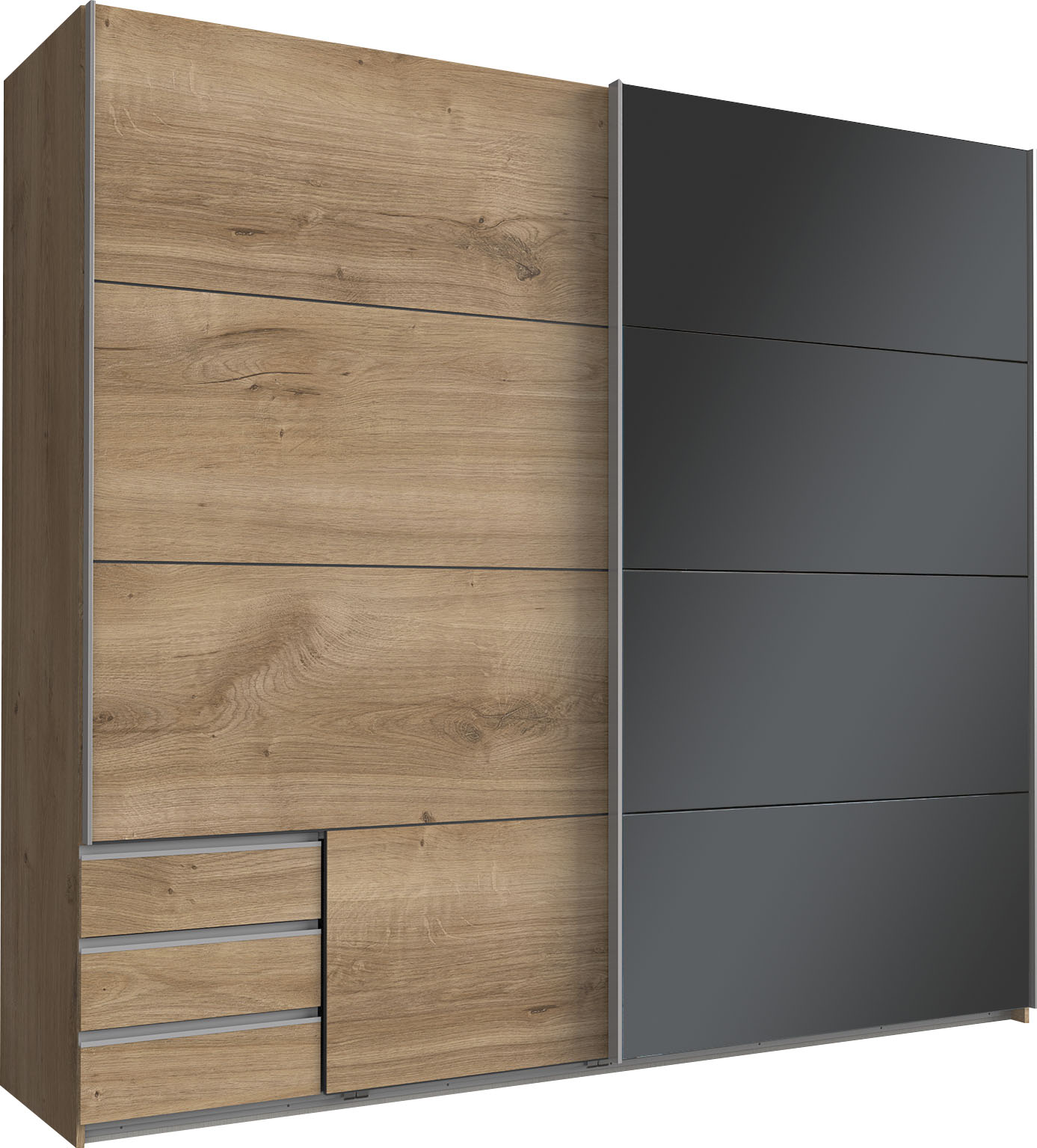 Schwebetürenschrank WIMEX "Valencia", grau (plankeneiche nachbildung, glas grau), B:225cm H:210cm T:65cm, Sicherheitsglas, Spanplatte, Schränke, mit Glaselementen und Schubkästen Image
