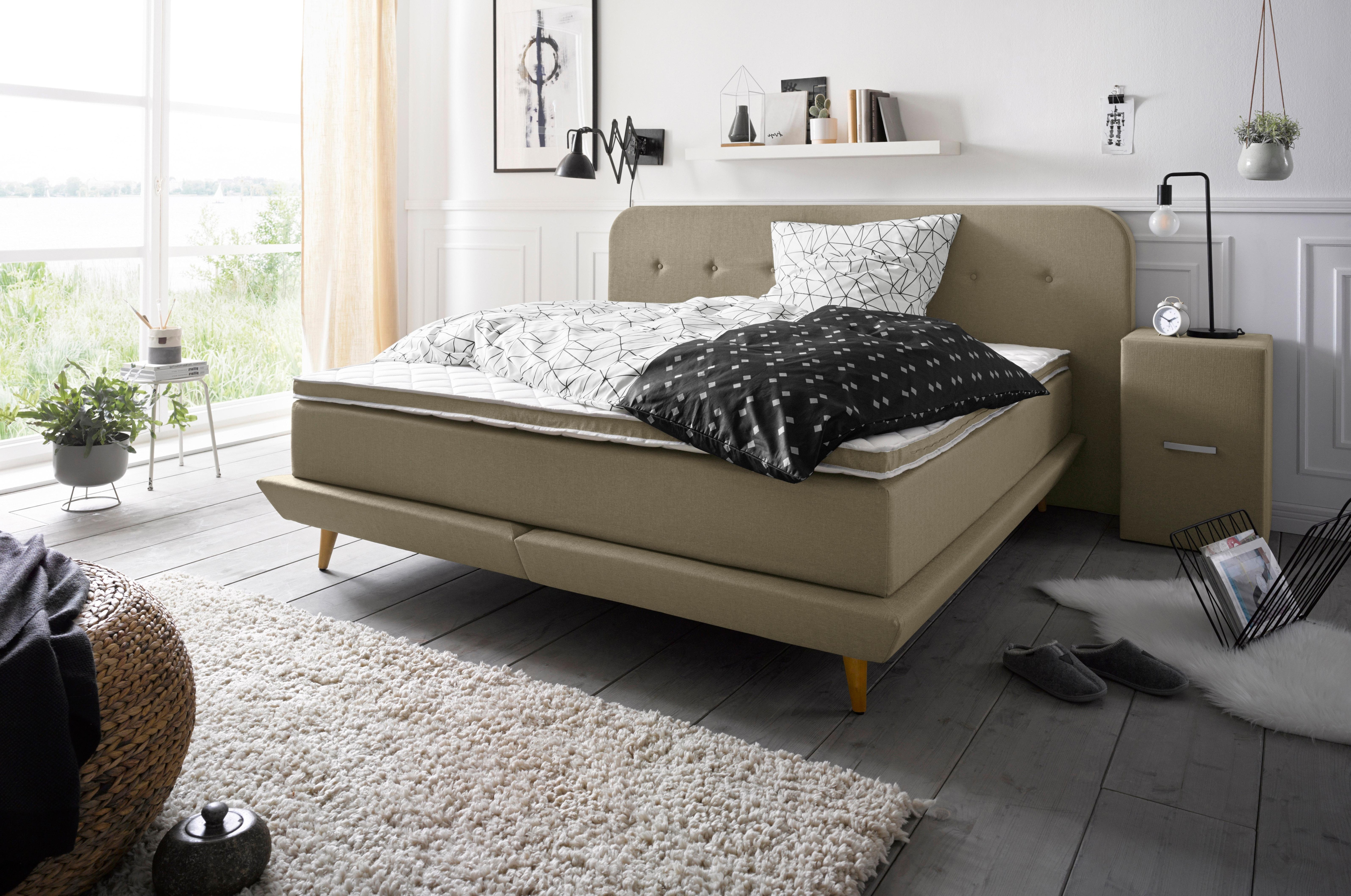 Boxspringbett ANDAS "Premium", grün (olive), Struktur fein, Liegefläche B/L: 180cm x 200cm, H3, Taschen-Federkernmatratze, Strukturstoff-Bezug (100% Polyester), Komplettbetten, Boxspringbett, Steppung mit Knopfheftung, inkl. Topper