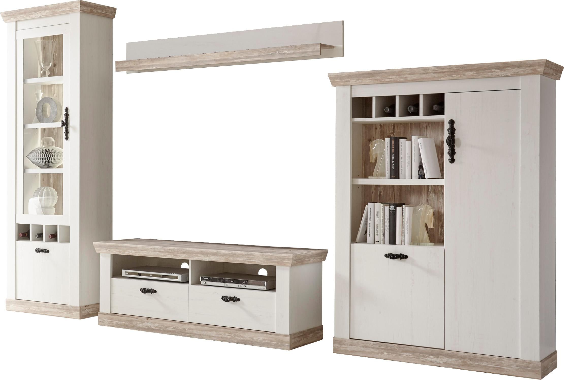 Wohnwand HOME AFFAIRE "Florenz, Anbauwand im Landhausstil, Komplettset mit Metallgriffen", weiß (pinie weiß), B:330cm, Kastenmöbel-Sets, enthält Vitrine, Lowboard, Kommode und Wandboard, 330 cm breit