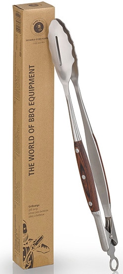 Grillzange BUDDY'S "Buddy´s BBQ", silber (silberfarben), B:5,5cm H:6,3cm L:46cm, Edelstahl, Küchenzangen, Edelstahl, Griff Holzoptik, Verschluss-System