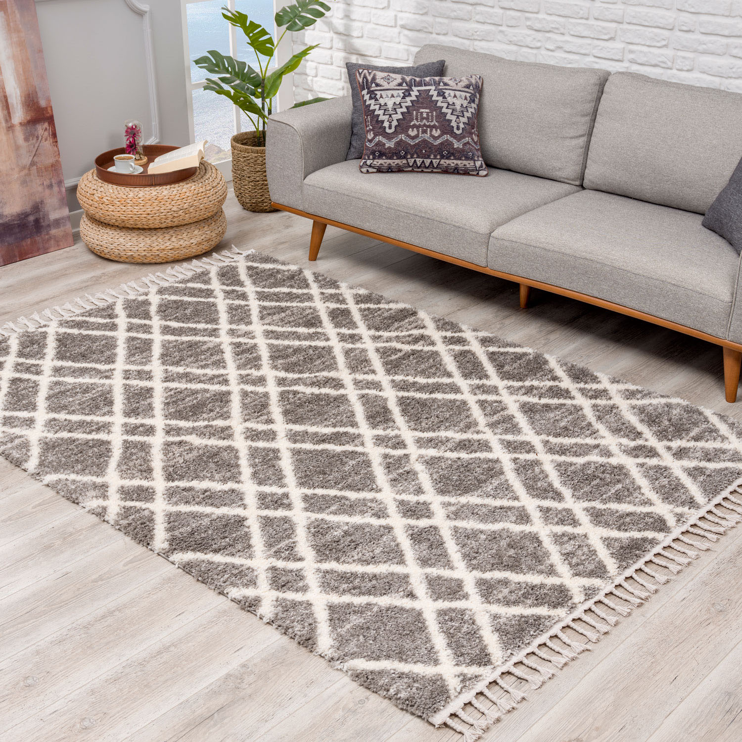 Hochflor-Teppich CARPET CITY "Pulpy 540" Gr. 34, grau, B:80cm H:30mm L:300cm, Kunstfaser, Teppiche, Fransenteppich, besonders weich, mit Fransen, Rauten-Optik Image