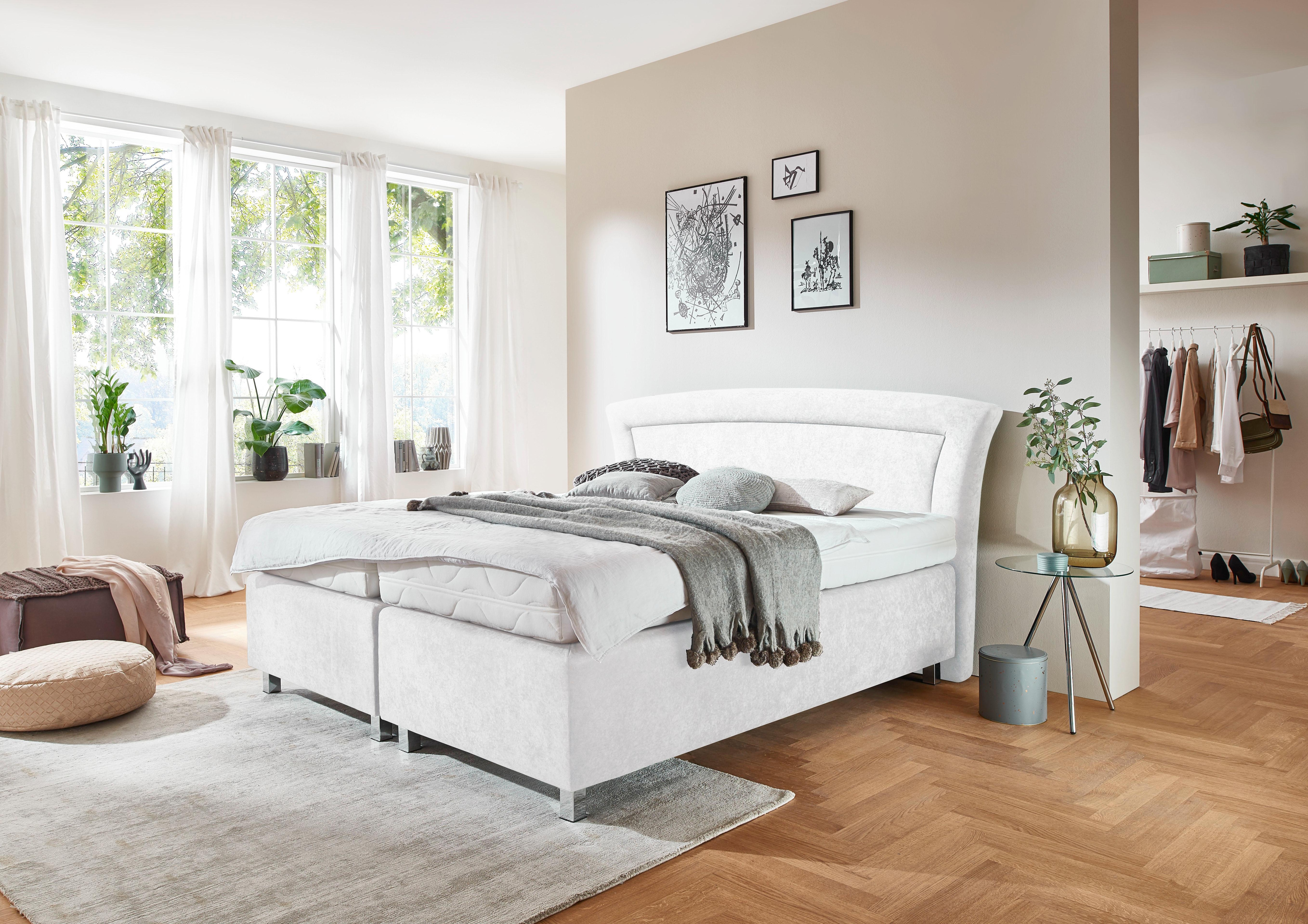 Boxspringbett, weiß (mikrovelours weiß), Liegefläche B/L: 160cm x 200cm, H3, 7-Zonen-Kaltschaummatratze, Bezug Unterbox und Kopfteil: Mikrovelours, 100% Polyester;Bezug Obermatratze 100% Polyester, waschbar bis 60C, WESTFALIA SCHLAFKOMFORT,...