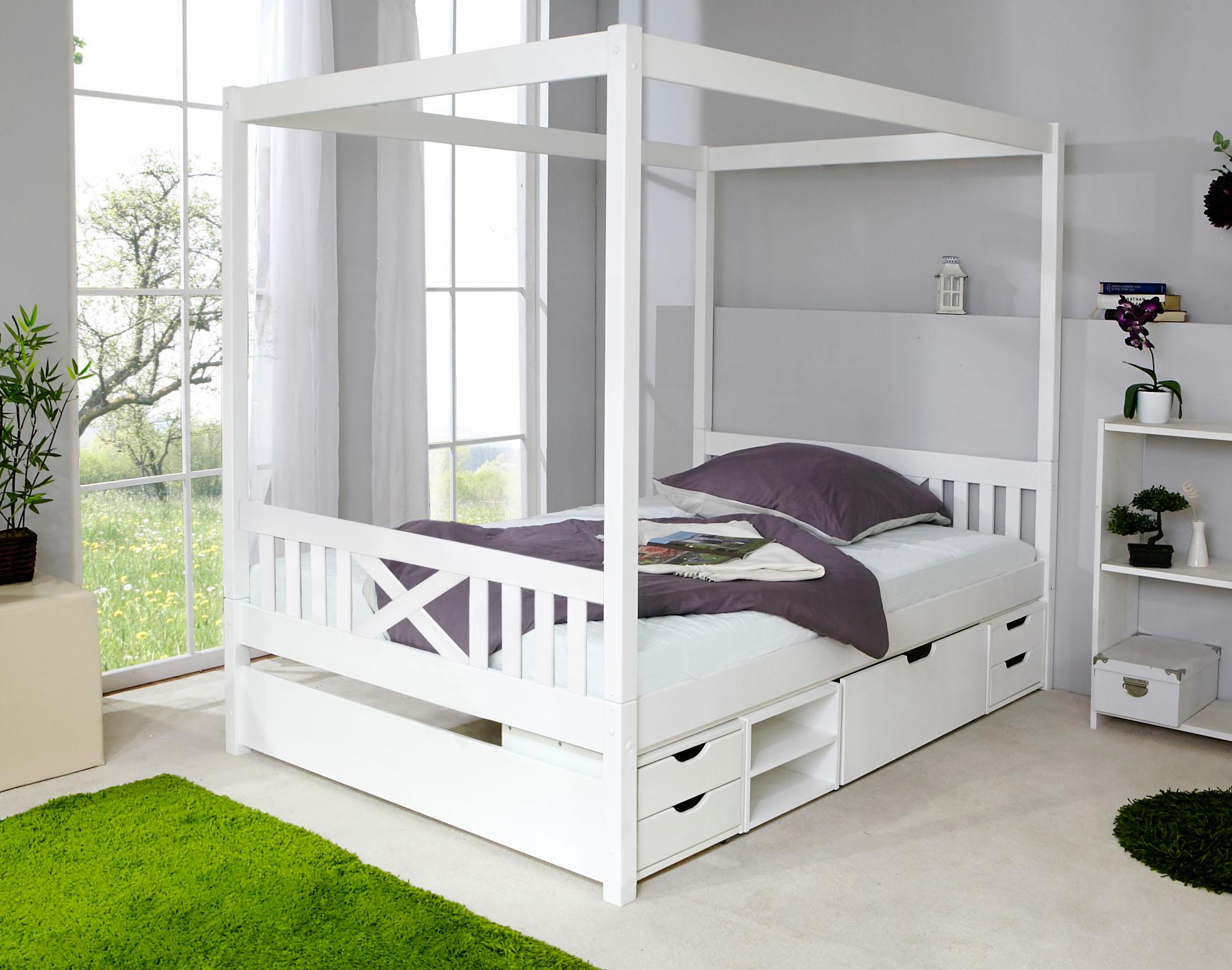 Himmelbett TICAA "Lino", weiß (kiefer massiv weiß gewachst), B:148cm, Betten, Himmelbett, inkl. Schubkasten und Rollrost