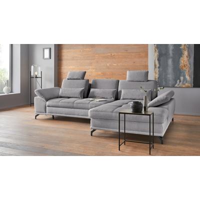 Ecksofa PLACES OF STYLE "Costello L-Form, mit Sitztiefenverstellung, Armteilverstellung und", grau, B:301cm H:89cm T:176cm, 100% Polyester, Samtoptik (100% Polyester), Sofas, 3 Nierenkissen, optional Bettfunktion und Bettkasten Image