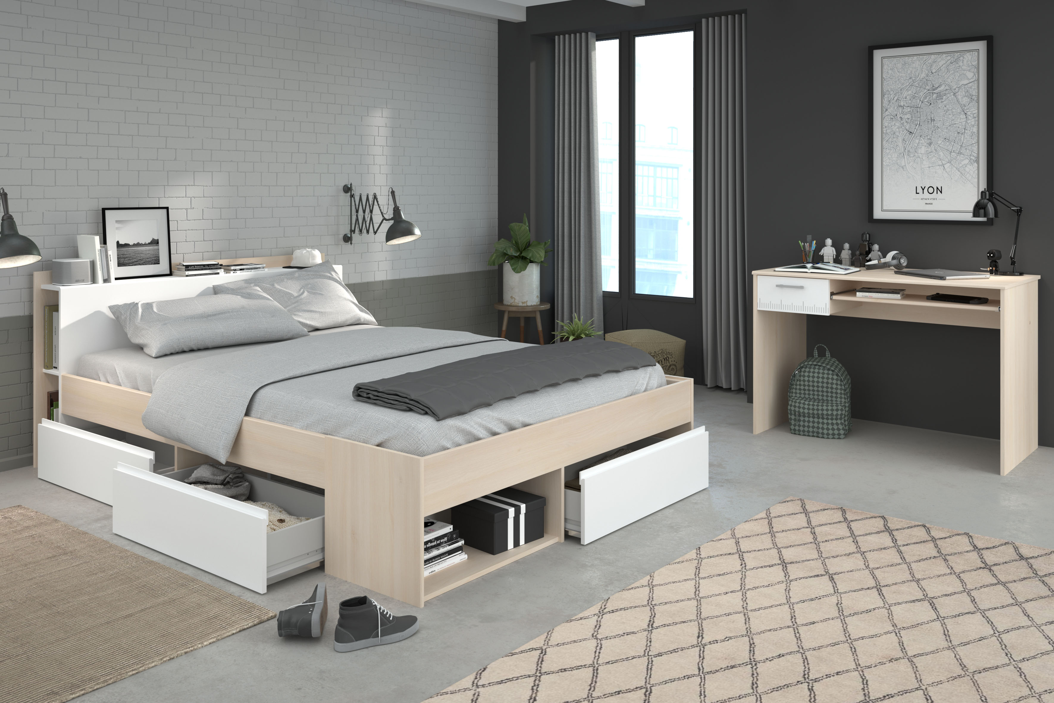 Jugendzimmer-Set PARISOT "Most", weiß (akazie, weiß), B/H: 140cm x 200cm, Schlafzimmermöbel-Sets