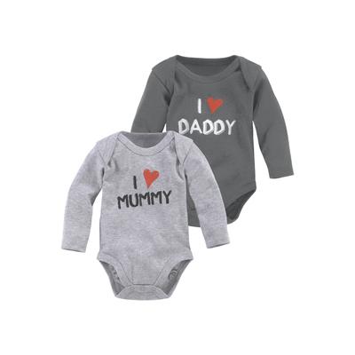 Langarmbody KIDSWORLD "2er Pack Baby-Bodies, Mummy & Daddy", Baby, Gr. 62/68, N-Gr, grau (anthrazit, grau), Jersey, Obermaterial: 100% Baumwolle. Obermaterial Melange: 95% Baumwolle, 5% Viskose, bedruckt, Basic, Basic, amerikanischer Ausschnitt,...