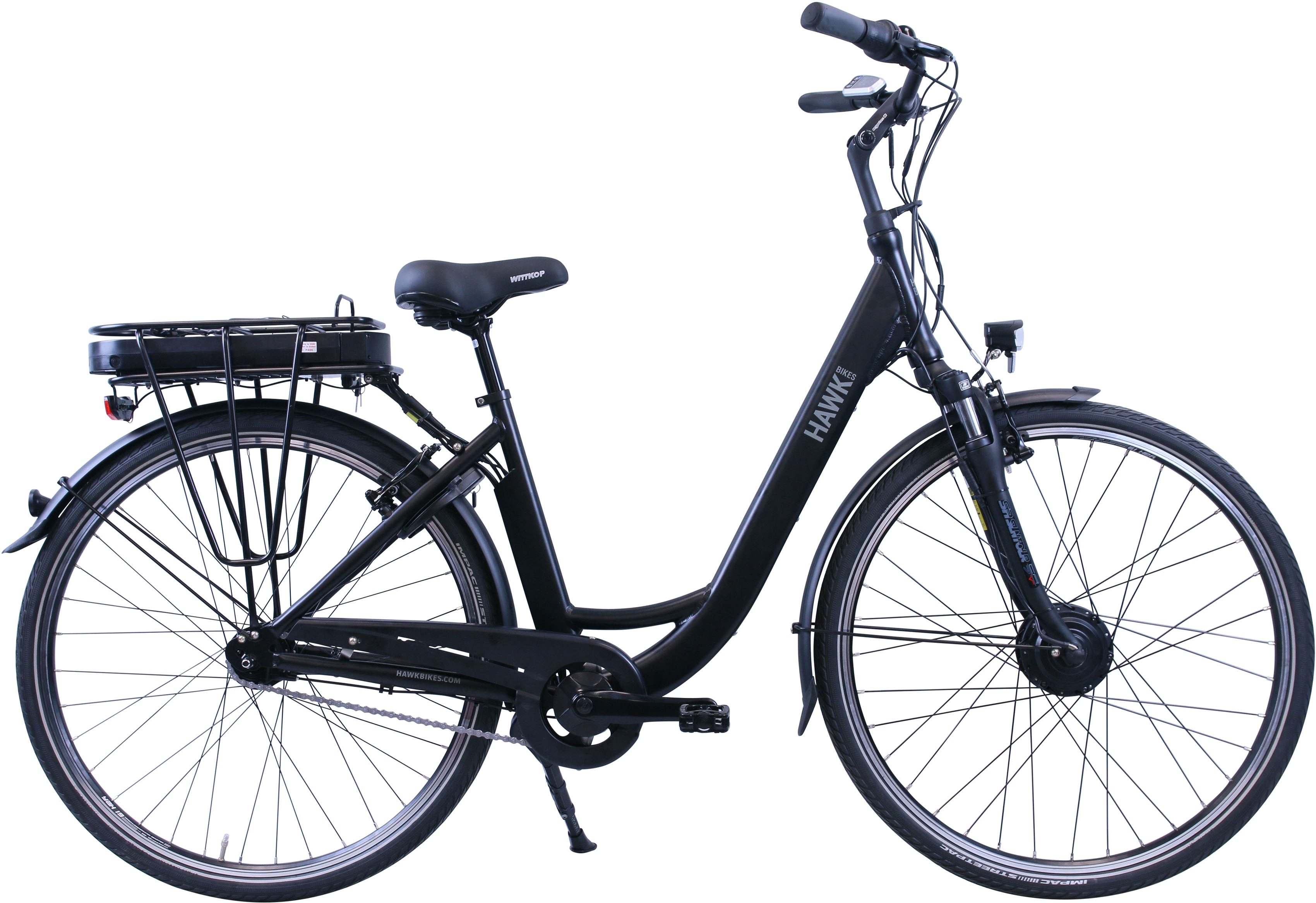 E-Bike HAWK BIKES "eCity Wave" Gr. 46, schwarz, Elektrofahrräder, 46cm, 28 Zoll (71,12cm), Pedelec, Elektrofahrrad für Damen u. Herren Image