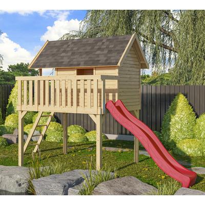 Spielturm AKUBI "Fidel", beige (naturbelassen), Spieltürme, KinderB:198cm H:329,5cm T:243cm, Holzwerkstoff, BxTxH: 198x243x329,5 cm, mit Rutsche in rot, B:198cm H:329,5cm T:243cm