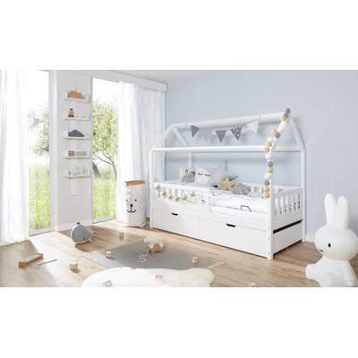 Hausbett TICAA "Traumhaus", weiß (kiefer massiv weiß), B:96cm H:169cm L:209cm, Betten, Hausbett, inkl. Schubkasten, Rollrost und Matratze