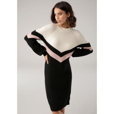 Strickkleid LAURA SCOTT, Damen, Gr. 42, N-Gr, schwarz (schwarz, hellbeige, gestreift), Strick, Obermaterial: 50% Viskose, 28% Polyester, 22% Polyamid, gestreift, feminin, figurbetont mini, Rundhals, Langarm Raglanärmel Bündchen, Kleider,... Image