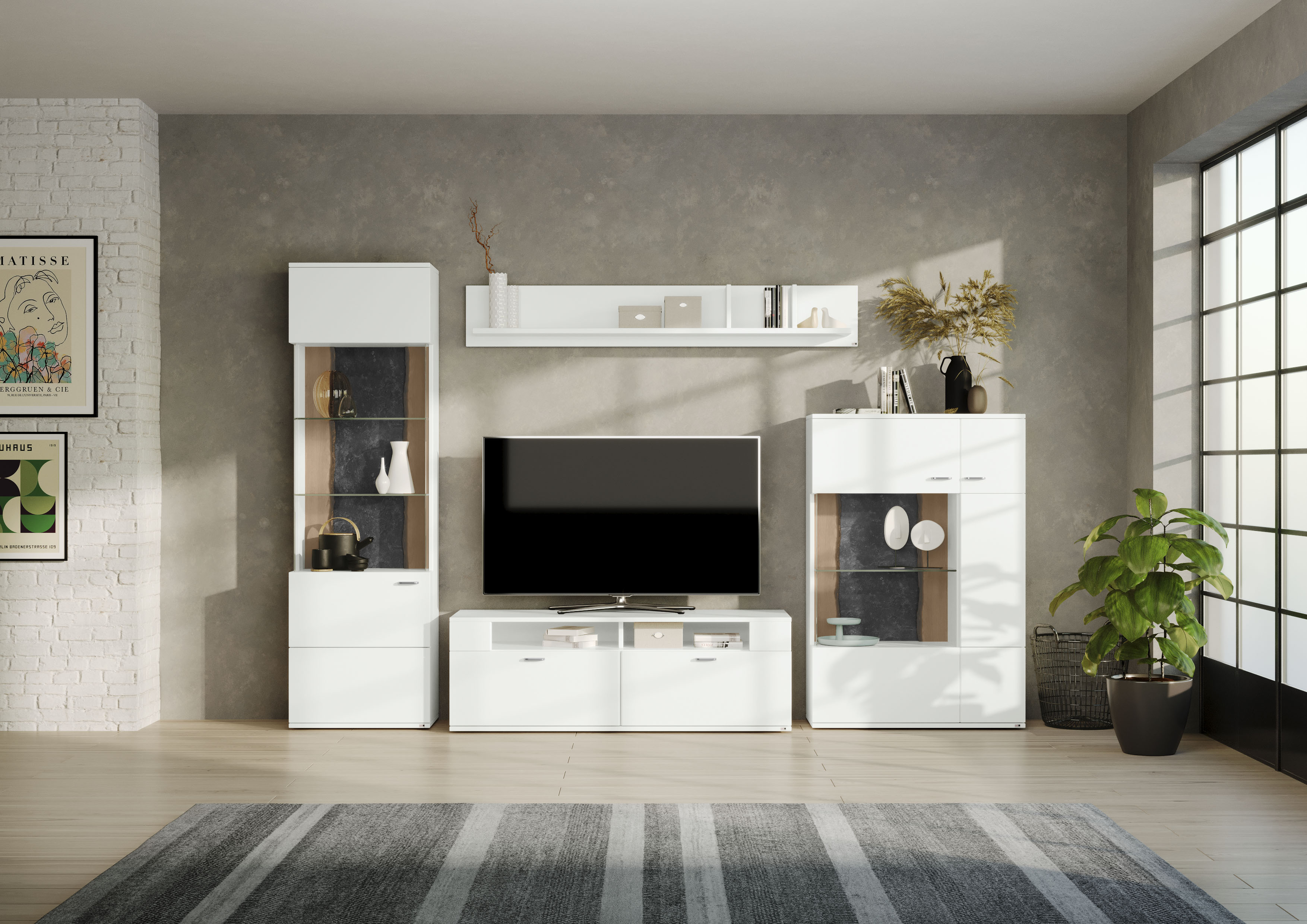 Wohnwand "TACOMA", weiß (weiß arctic hochglanz), B:331cm, SET ONE BY MUSTERRING, Kastenmöbel-Sets, Typ 02, mit Wandboard