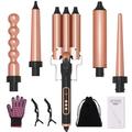 5 in 1 Hair Curling Iron Wand, Beach Waver Hair Curler with Interchangeable 0.35-1.3inch Barrels for Curly Hairstyle, 30s Heat Up, 80-230°C Temp Adjustment, Glove & Clips Included