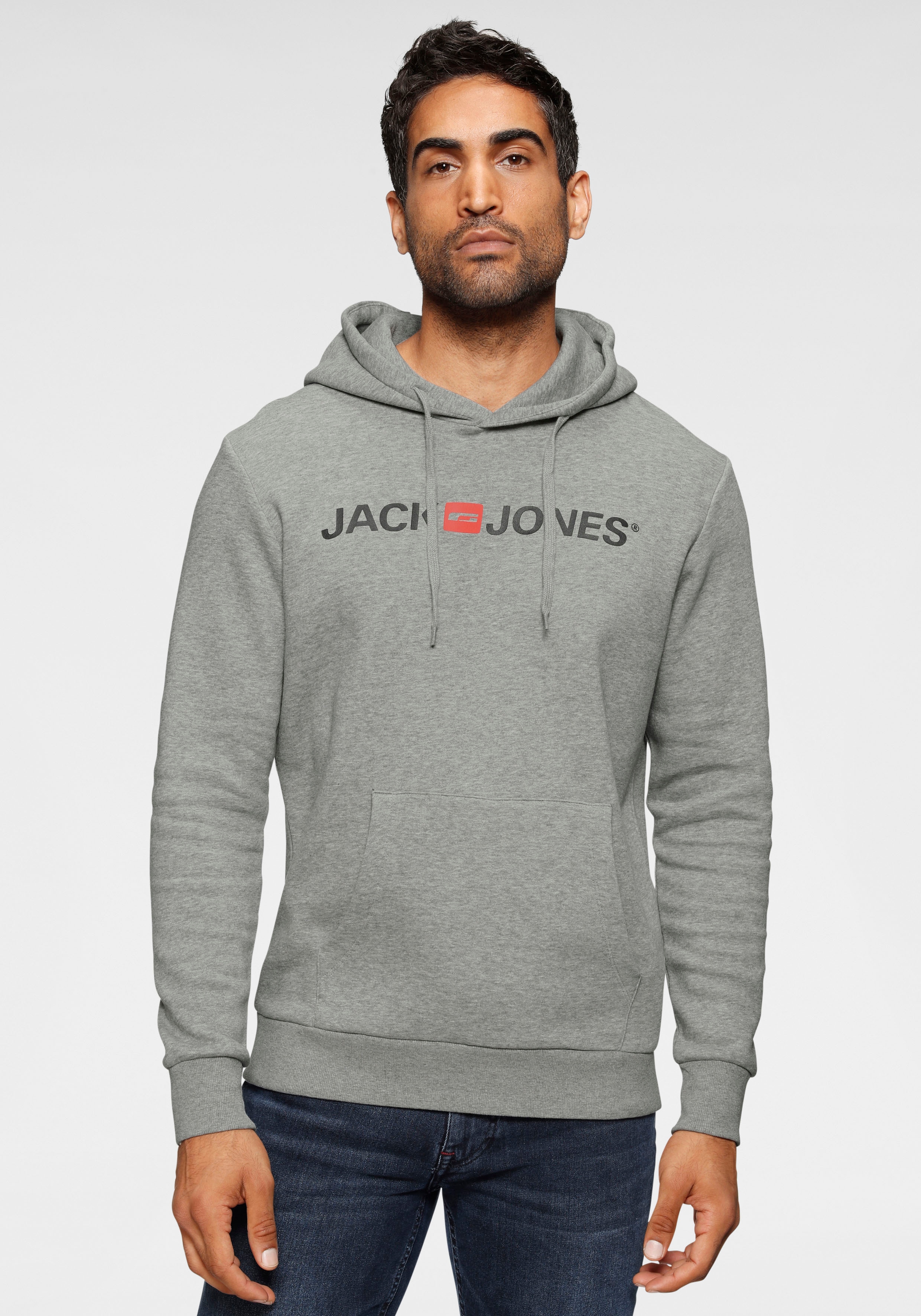 Kapuzensweatshirt JACK & JONES "JJECORP Hoodie mit Logo und hohem Tragekomfort", Herren, Gr. XXL, grau (light grau melange), angeraute Sweatware, Obermaterial: 68% Baumwolle, 28% Polyester, 4% Viskose, bedruckt, meliert, normal normal, Rundhals,... Image