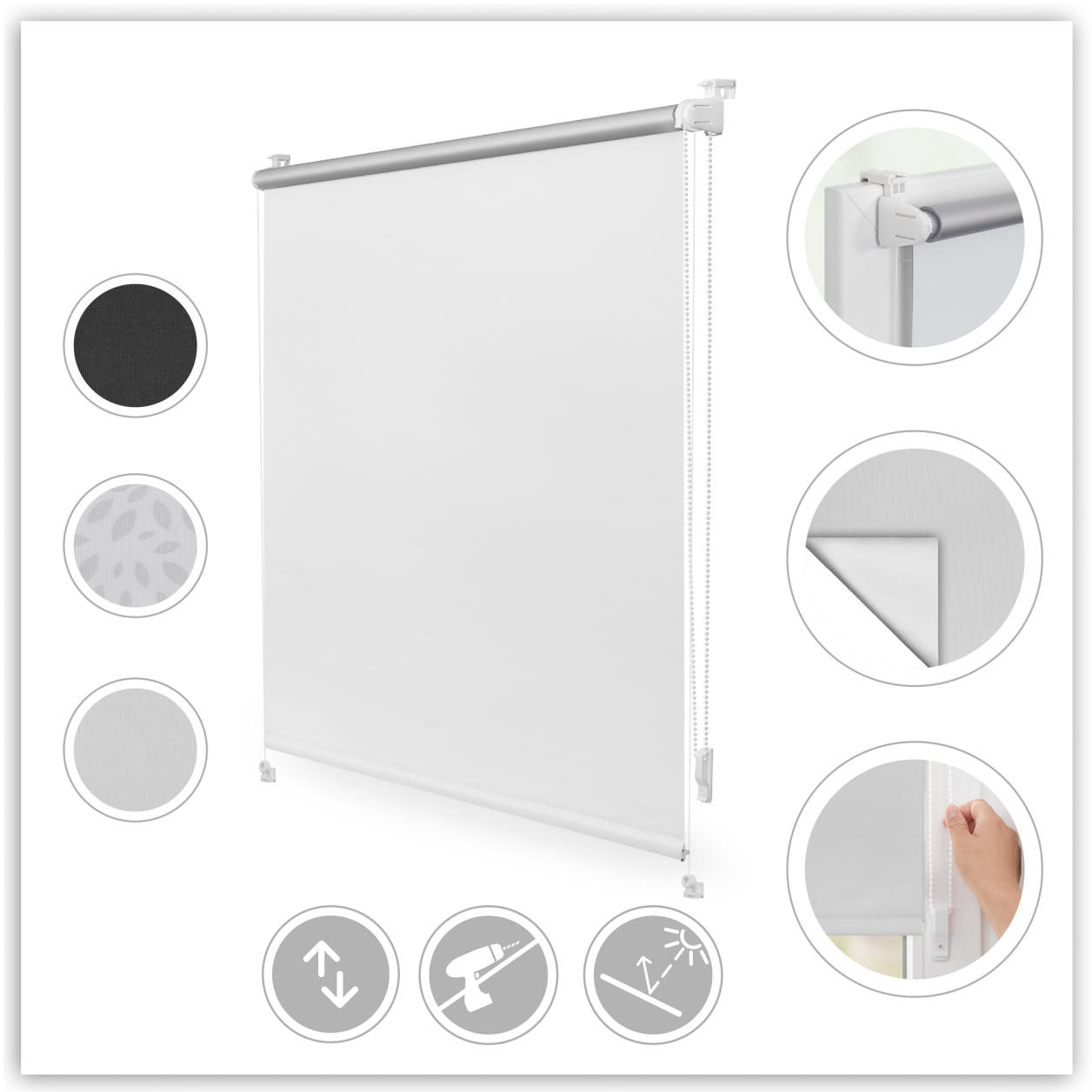 Seitenzugrollo LICHTBLICK ORIGINAL "Verdunkelungsrollo Thermo-Rollo Klemmfix ohne Bohren", weiß (weiß, weiß), B:100cm H:150cm, Polyester, Rollos, Seitenzugrollo