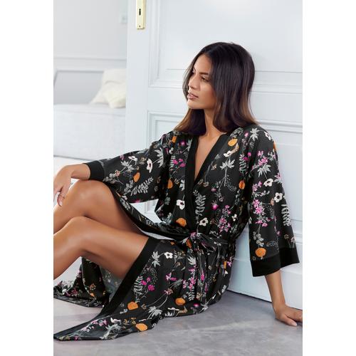 Kimono LASCANA Gr. 36/38, schwarz Damen Bademäntel Morgenmäntel mit Wildblumen Muster