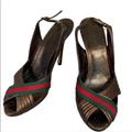 Gucci Shoes | Gucci Heels Sandals Strap Pumps Shoes Stiletto Mules Slip In Designer Web Brand | Color: Brown/Gold | Size: 9