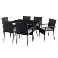 Winston Porter Aalliyah Patio Dining Set w/ Stackable Chairs - Black Finish/Ash Gray Cushions 7Pc Glass/Wicker/Rattan in Black/Gray | Wayfair