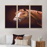 Ebern Designs Portrait Of A Brown Horse I - Traditional Framed Canvas Wall Art Set Of 3 Canvas, Wood in Brown/White | 20 H x 36 W in | Wayfair