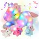 Hopearl LED Musical Stuffed Unicorn Playset Lighting Up Singing Plush Toy Mommy Unicorn with 3 Baby Unicorns in her Tummy Lullaby Animated Soothe for Mom Toddlers Girls, Rainbow, 19''